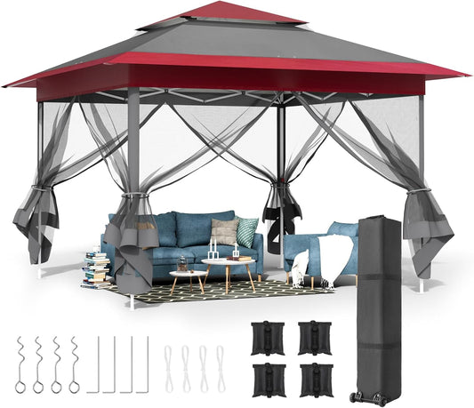 LAZY BUDDY 13ft Pop Up Gazebo, Outdoor Instant Canopy Tent w/4 Netting Sidewall & Auto Extending Eave, Patio Gazebos Shelter w/Mesh Wall, Center Lock, Wheeled Bag for Garden, Yard
