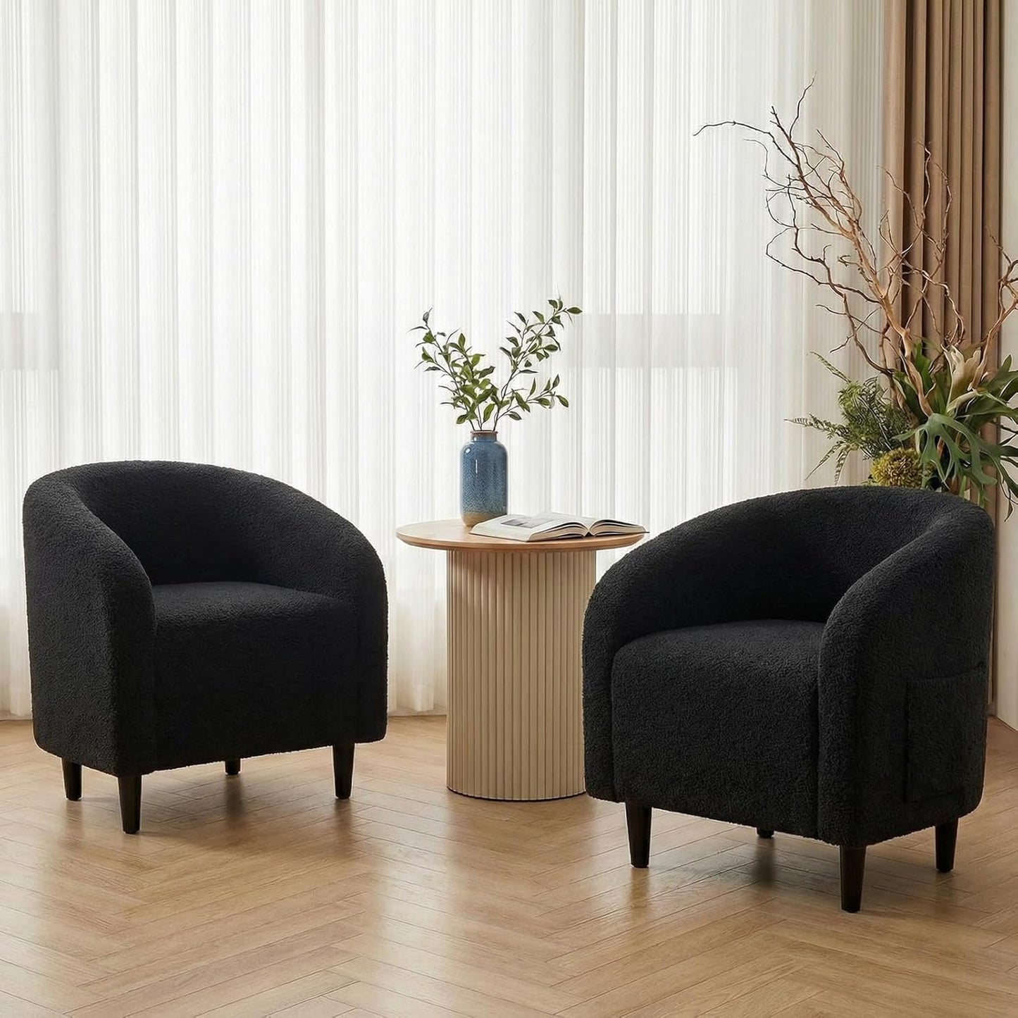 LAZY BUDDY Accent Barrel Chair, Comfy Teddy Fabric Club Chair with Side Pocket, Modern Armchair for Living Room, Bedroom, Office, Reception Space