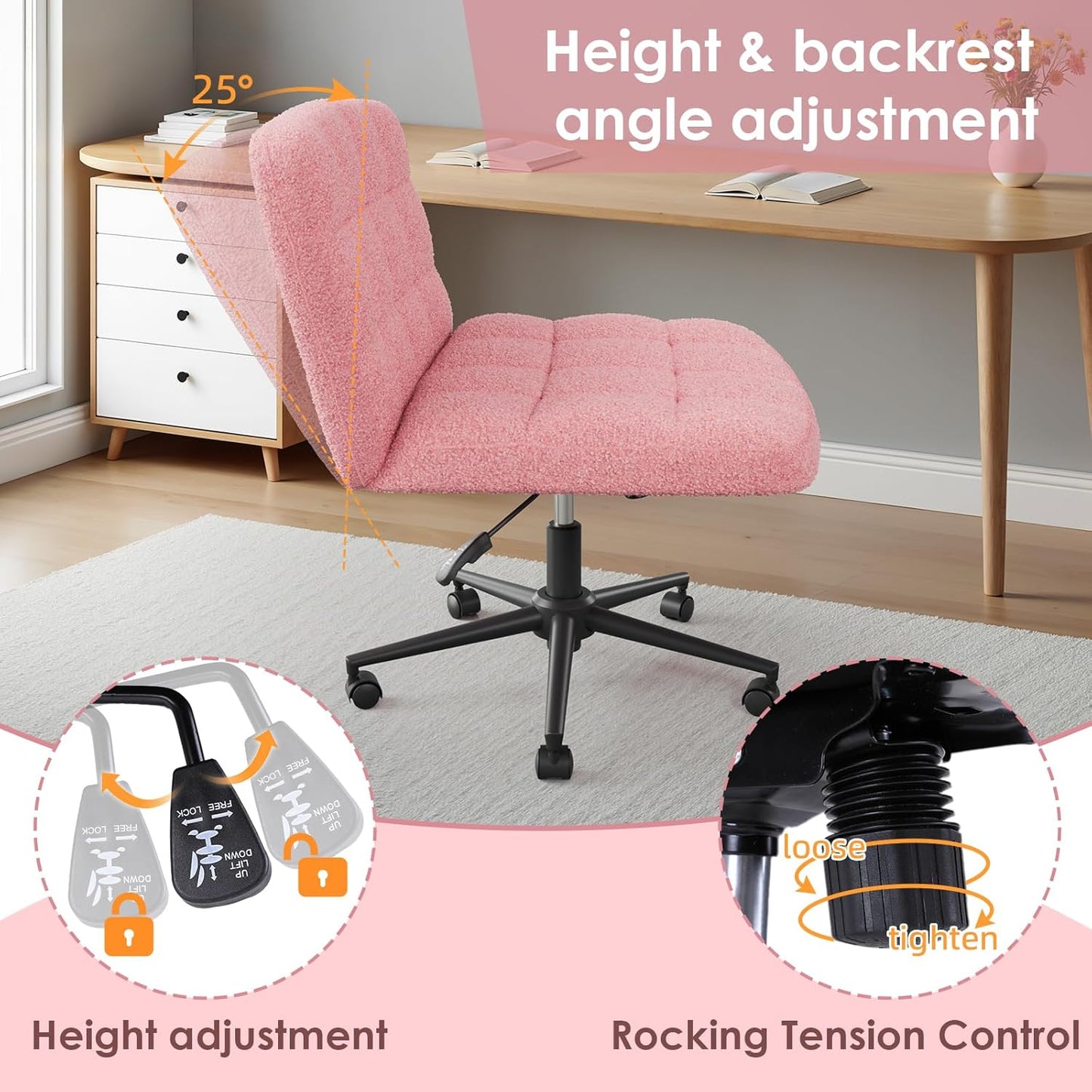 LAZY BUDDY Office Chair, Armless Criss Cross Legged Chair with Wheels, Comfy Home Vanity Task Computer Chair, Adjustable Height