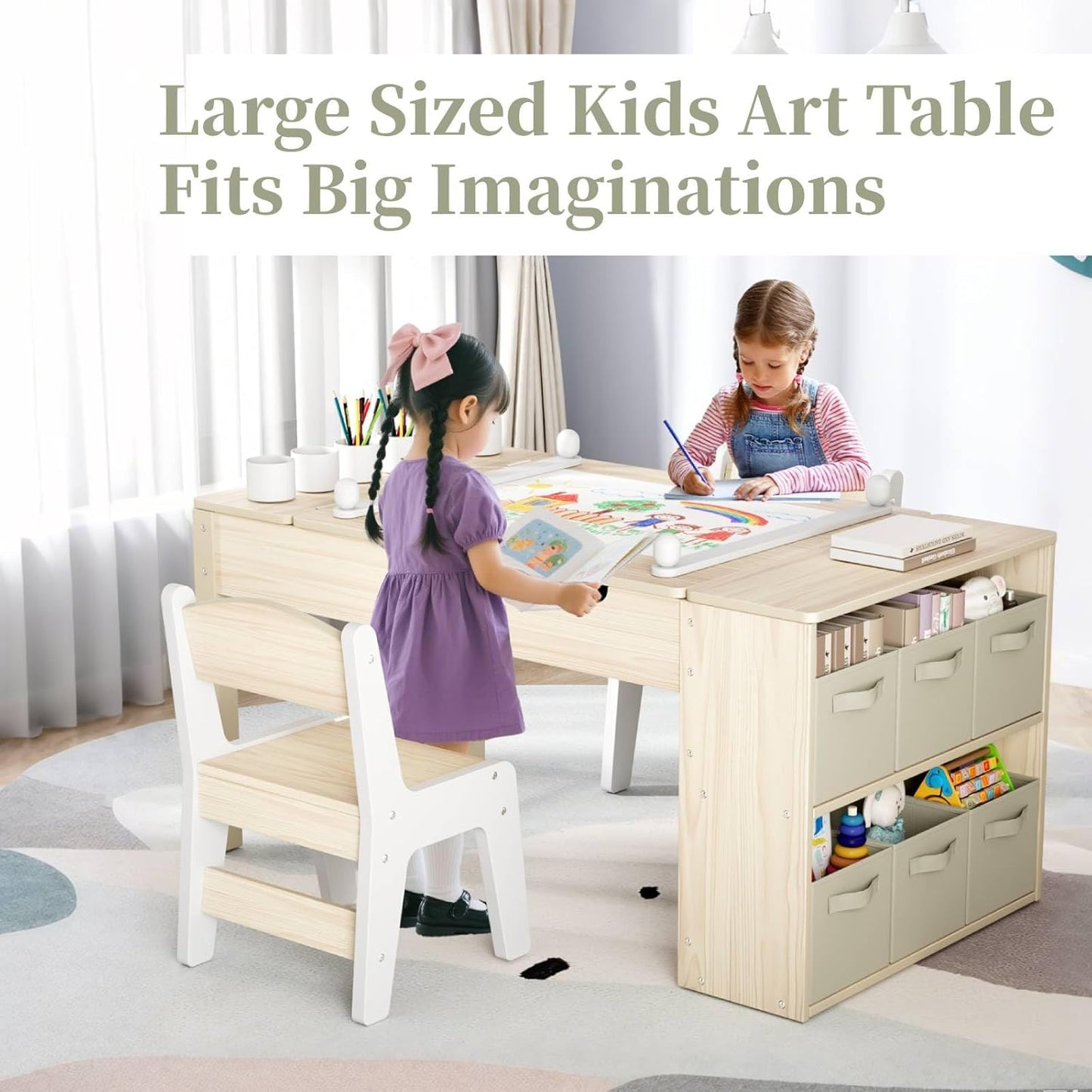 LAZY BUDDY Kids Art Table and Chairs Set, 2-in-1 Easel & Kids Craft Table and Chairs with Storage Bins, Paint Cups and Paper Roll