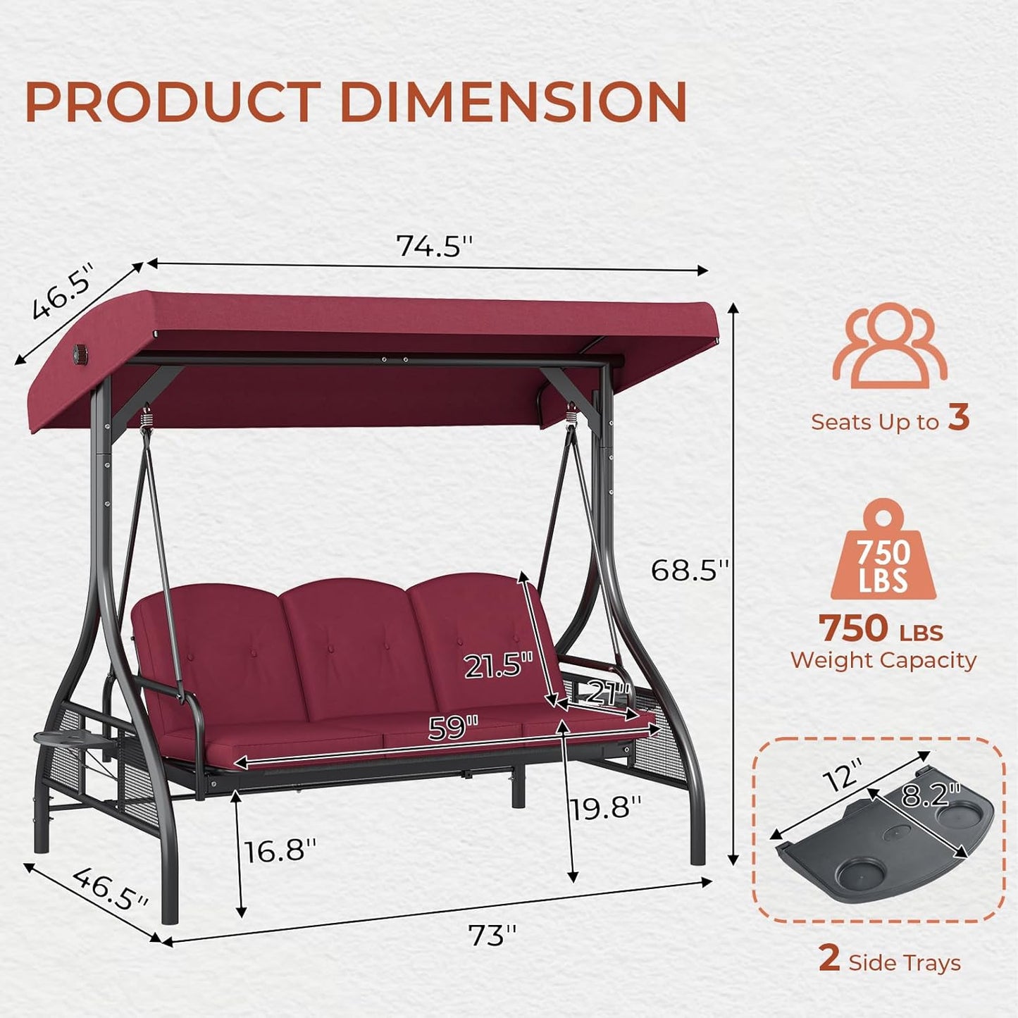 LAZY BUDDY Outdoor Porch Swing with Canopy and Stand, 3 Person Patio Swing for Adults, Convertible 2 in 1 Porch Swing Bed with Cup Holder, 750lbs
