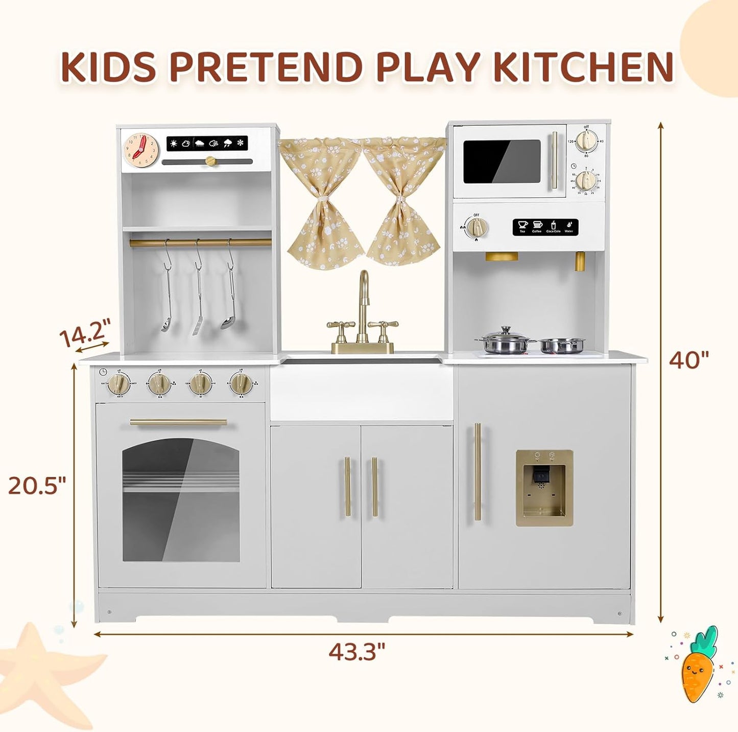 LAZY BUDDY Toddler Play Kitchen, Wooden Kids Kitchen Playset w/Stove, Sink, Microwave, Water Dispenser, Curtain, Gift for Ages 3+