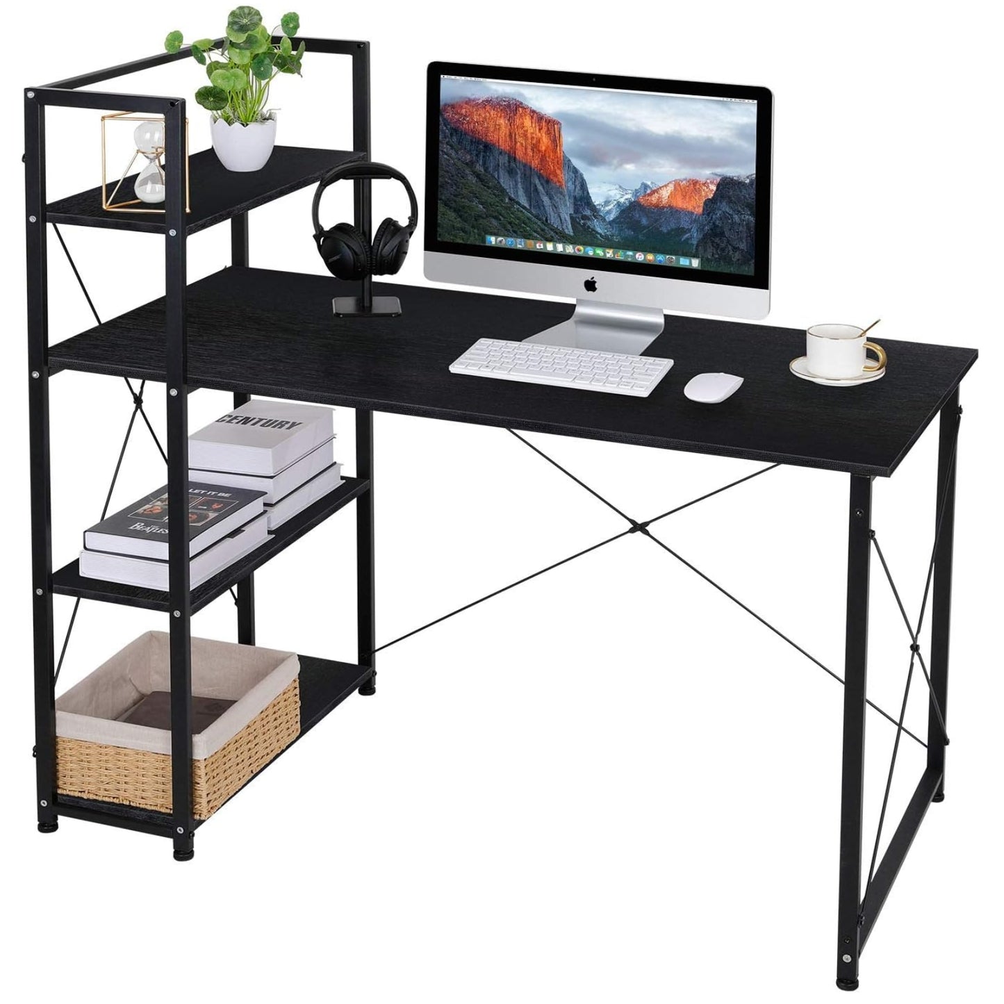 LAZY BUDDY 47'' Computer Desk with 4-Tier Storage Shelves Home Office Desk Studying Writing Table Workstation