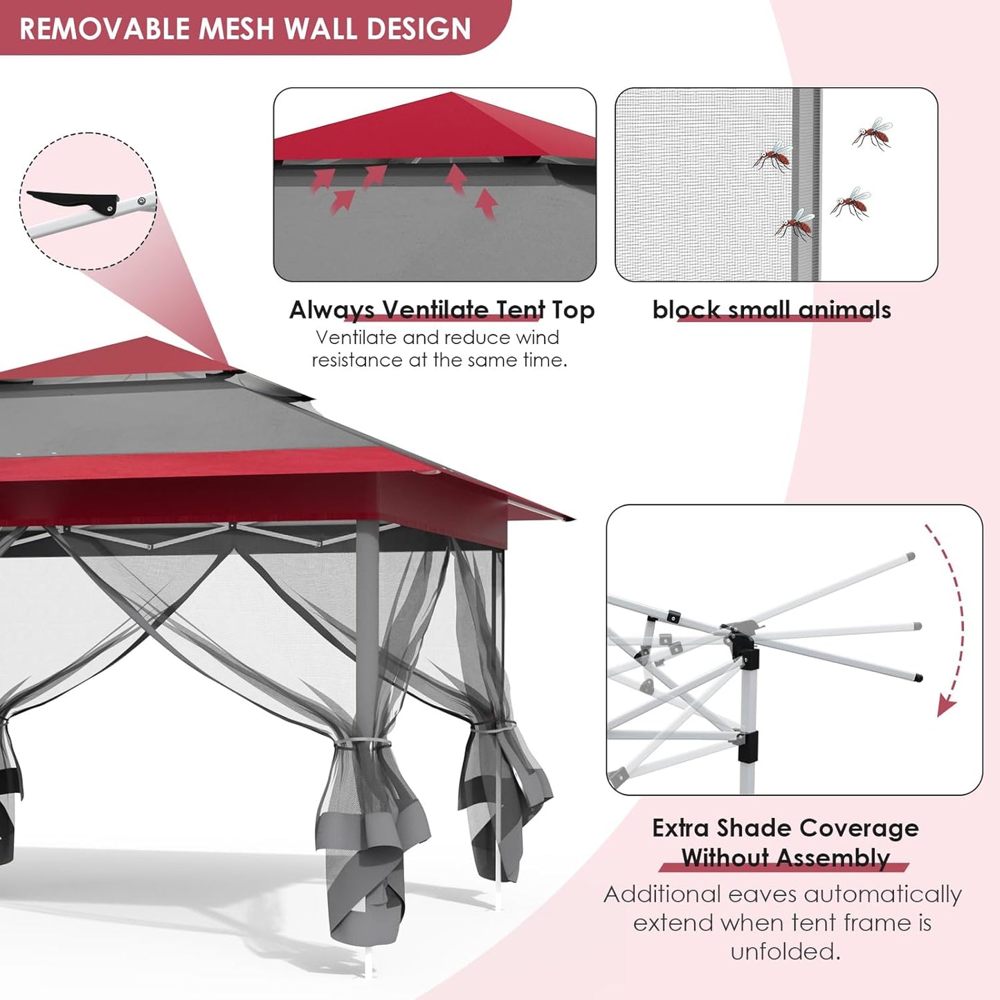 LAZY BUDDY 13ft Pop Up Gazebo, Outdoor Instant Canopy Tent w/4 Netting Sidewall & Auto Extending Eave, Patio Gazebos Shelter w/Mesh Wall, Center Lock, Wheeled Bag for Garden, Yard