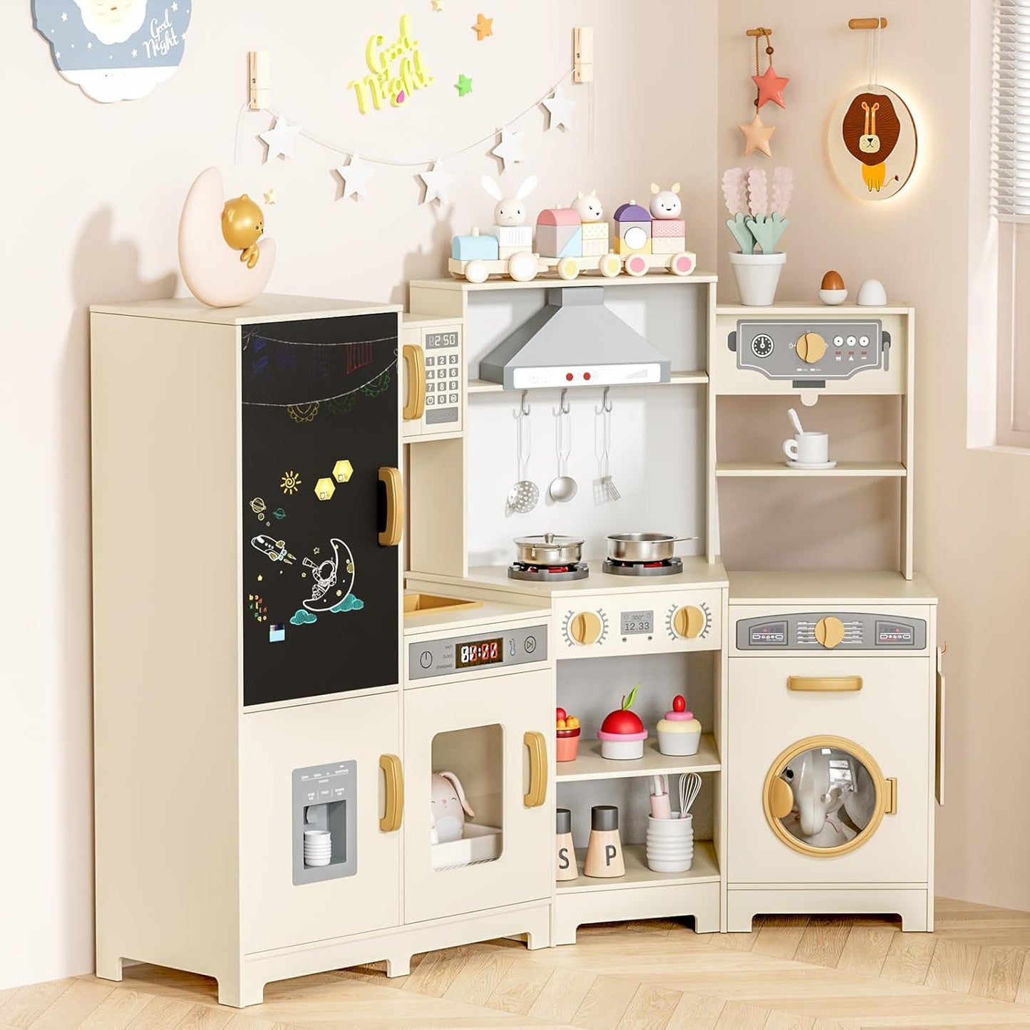 LAZY BUDDY Pretend Play Corner Kitchen, Ultimate Interactive Wooden Kids Kitchen Playset with Range Hood, Chalkboard, Ice Maker