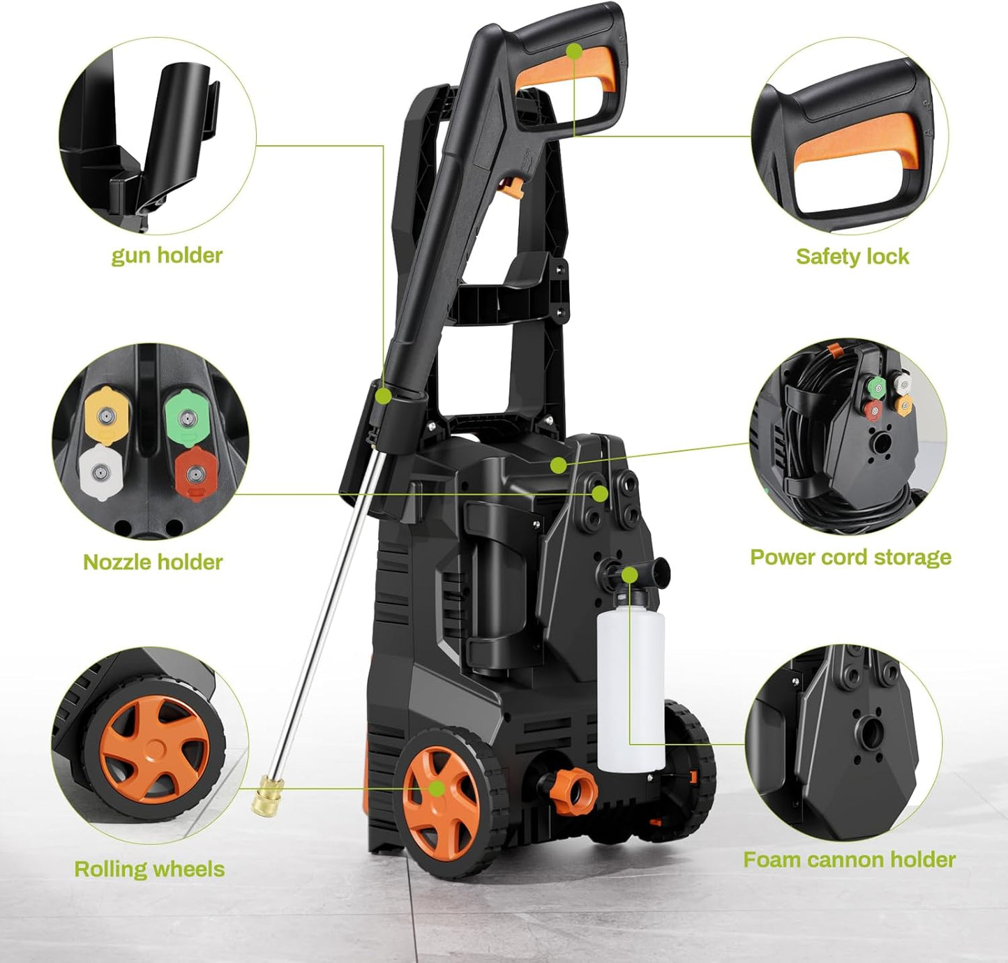 LAZY BUDDY Electric Pressure Washer, 2700 PSI 1.7 GPM Power Washer with 4 Quick Connect Nozzles, High Pressure Cleaning Machine with Foam Cannon for Cars, Fences, Patios