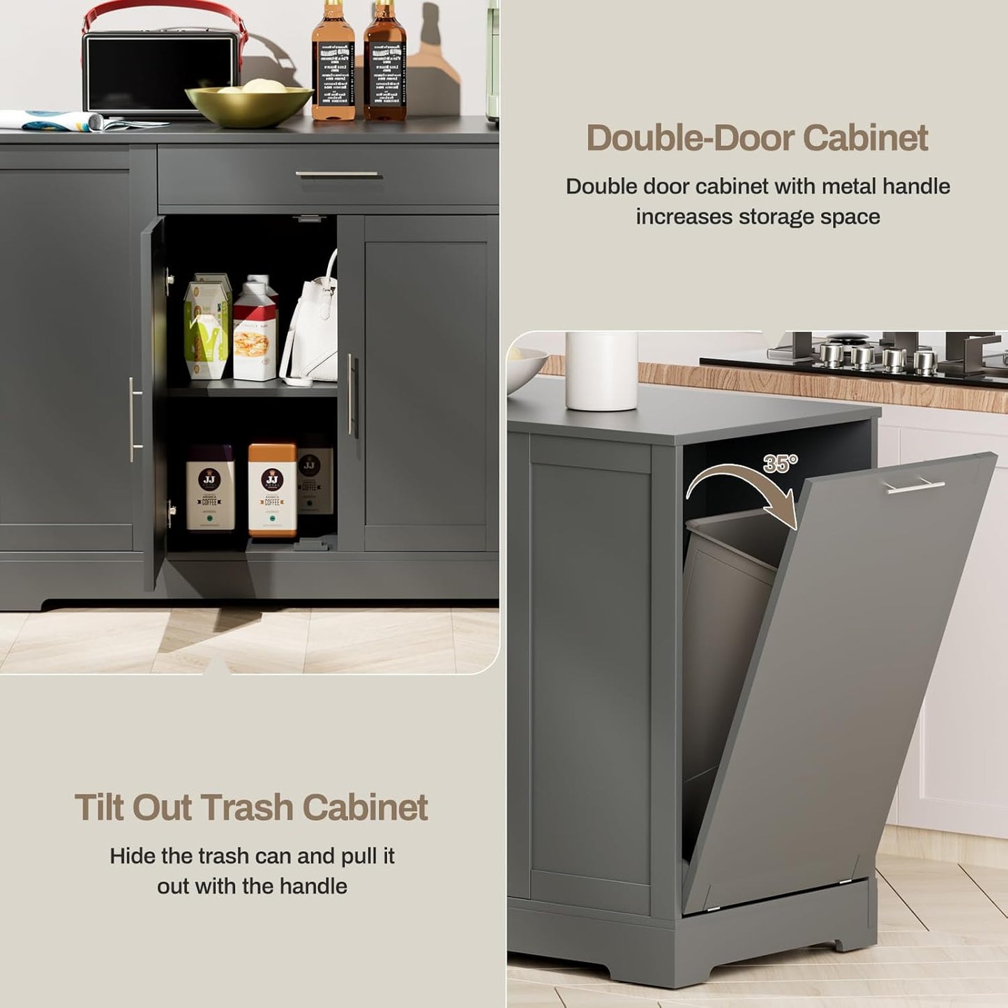 LAZY BUDDY 53" Large Kitchen Island w/ Trash Can Storage Cabinet, Wooden Stationary Storage Pantry for 13 Gallon Garbage Bin with Drawer, Adjustable Double Door Cabinet, 3 Layer Open Side Racks