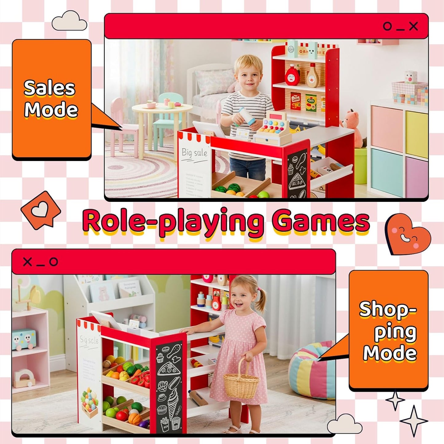 LAZY BUDDY Kids Grocery Store Playset, Wooden Pretend Play Store with 19pcs Accessories, Cash Register, Chalkboard, Interactive Toy for Toddlers 3+