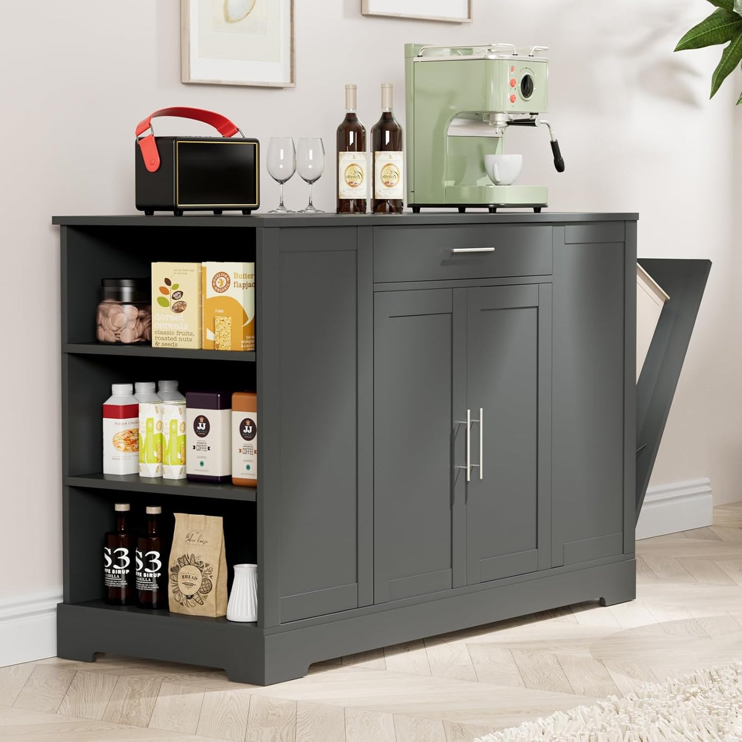 LAZY BUDDY 53" Large Kitchen Island w/ Trash Can Storage Cabinet, Wooden Stationary Storage Pantry for 13 Gallon Garbage Bin with Drawer, Adjustable Double Door Cabinet, 3 Layer Open Side Racks