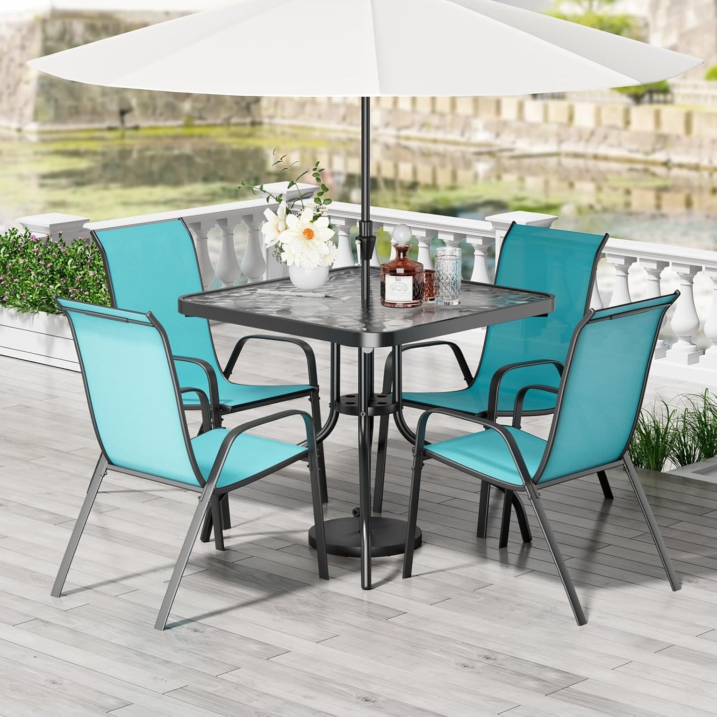 LAZY BUDDY 5-Piece Patio Dining Set, All Weather Outdoor Table with 4 Stackable Chairs for Garden Backyard Deck