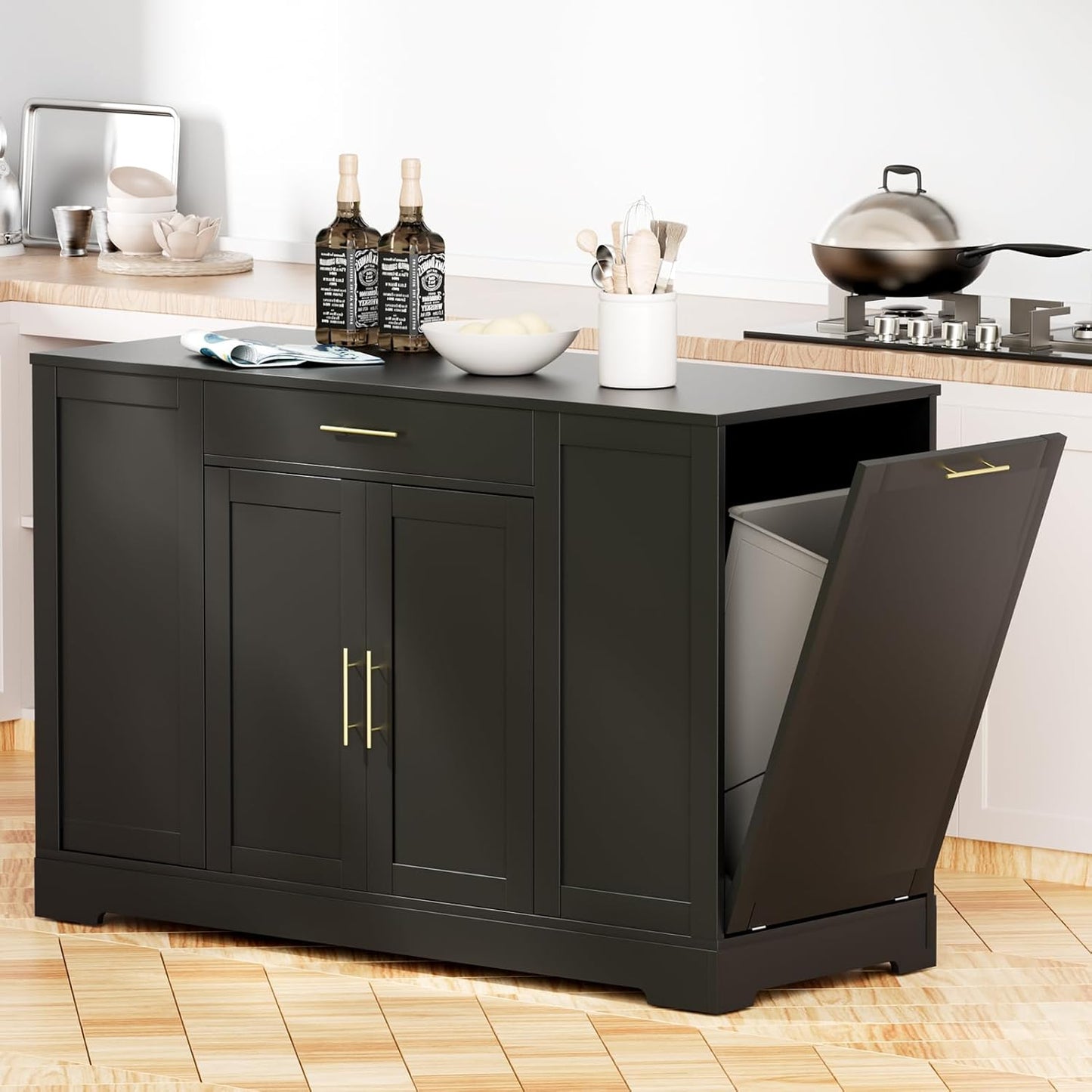 LAZY BUDDY 53" Large Kitchen Island w/ Trash Can Storage Cabinet, Wooden Stationary Storage Pantry for 13 Gallon Garbage Bin with Drawer, Adjustable Double Door Cabinet, 3 Layer Open Side Racks