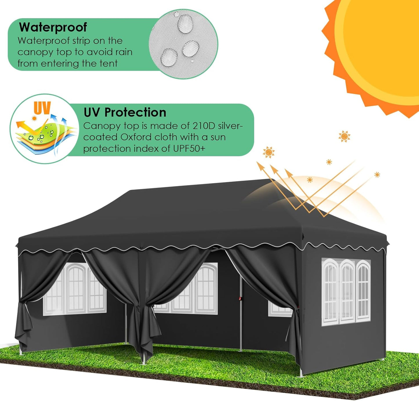LAZY BUDDY 10' x 20' Ez Pop Up Canopy Tent, Heavy Duty Outdoor Canopy Tent Folding Instant Shelter, Wedding Party Large Gazebo with Sidewalls, Adjustable Height