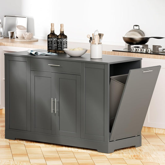 LAZY BUDDY 53" Large Kitchen Island w/ Trash Can Storage Cabinet, Wooden Stationary Storage Pantry for 13 Gallon Garbage Bin with Drawer, Adjustable Double Door Cabinet, 3 Layer Open Side Racks