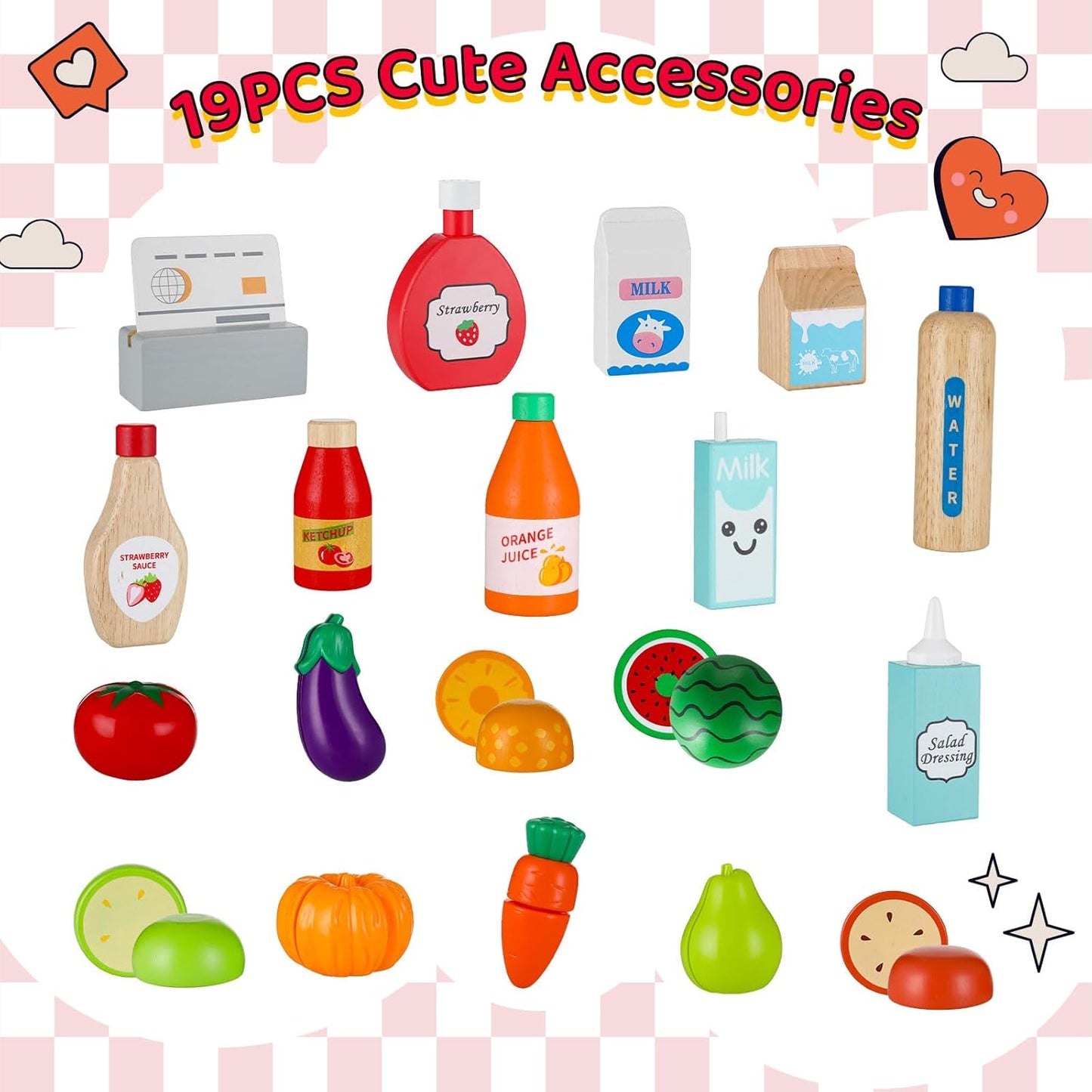 LAZY BUDDY Kids Grocery Store Playset, Wooden Pretend Play Store with 19pcs Accessories, Cash Register, Chalkboard, Interactive Toy for Toddlers 3+