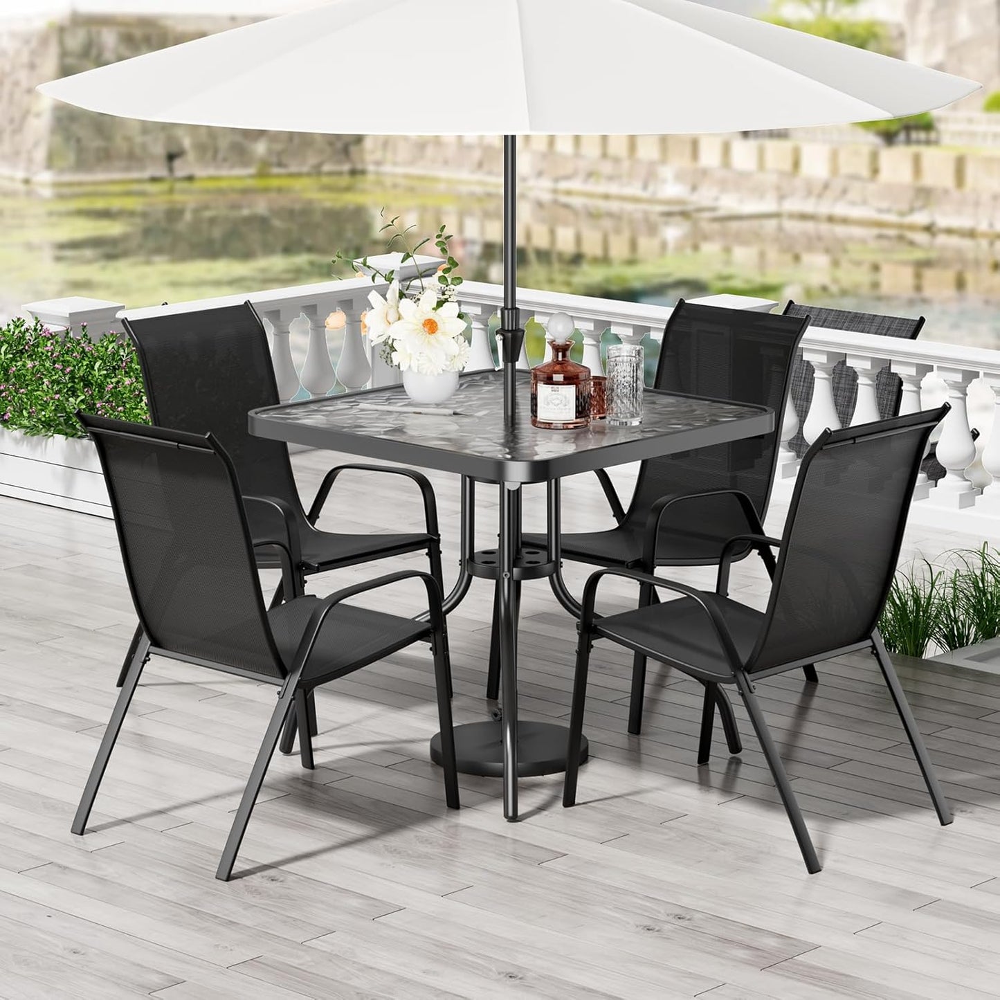 LAZY BUDDY 5-Piece Patio Dining Set, All Weather Outdoor Table with 4 Stackable Chairs for Garden Backyard Deck