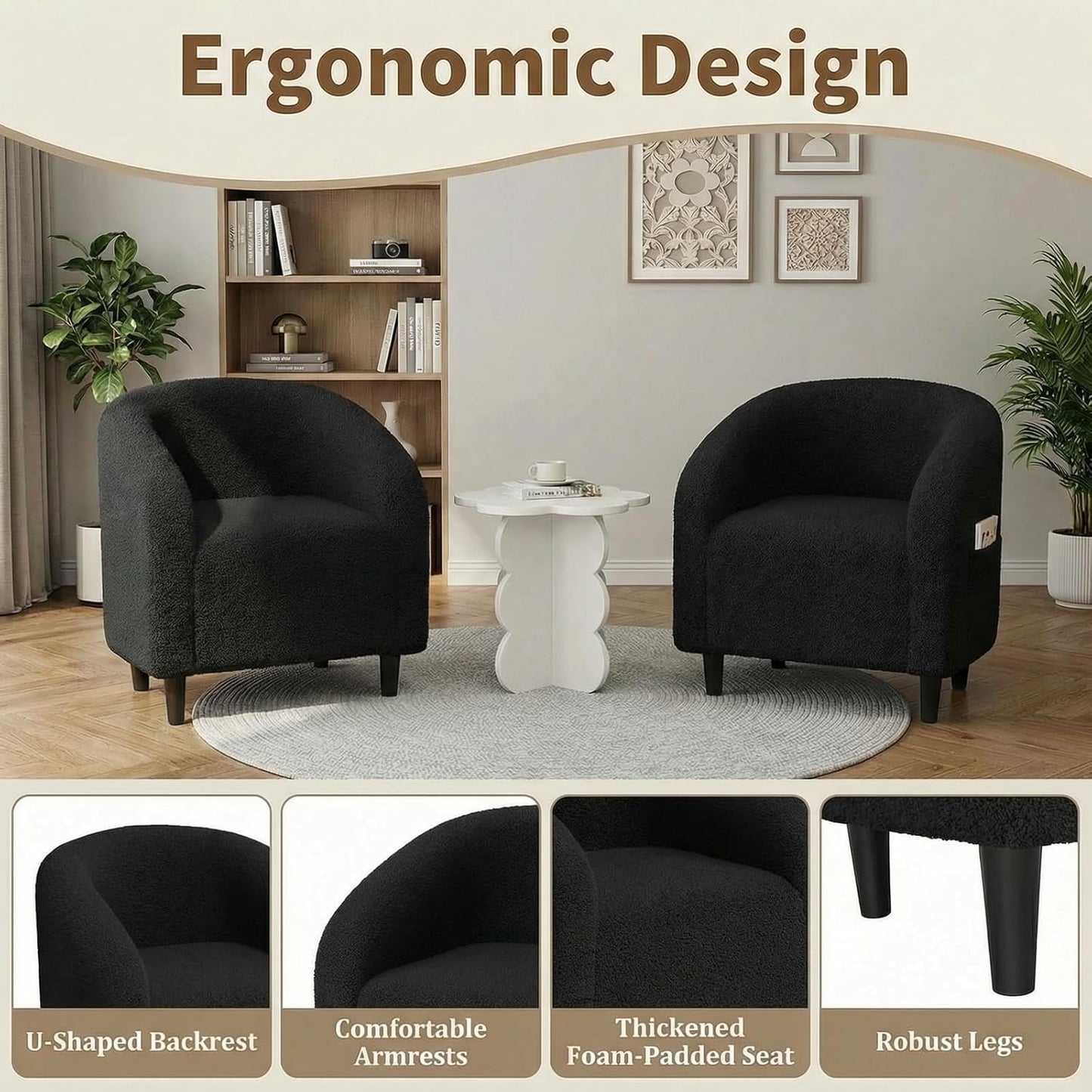 LAZY BUDDY Accent Barrel Chair, Comfy Teddy Fabric Club Chair with Side Pocket, Modern Armchair for Living Room, Bedroom, Office, Reception Space