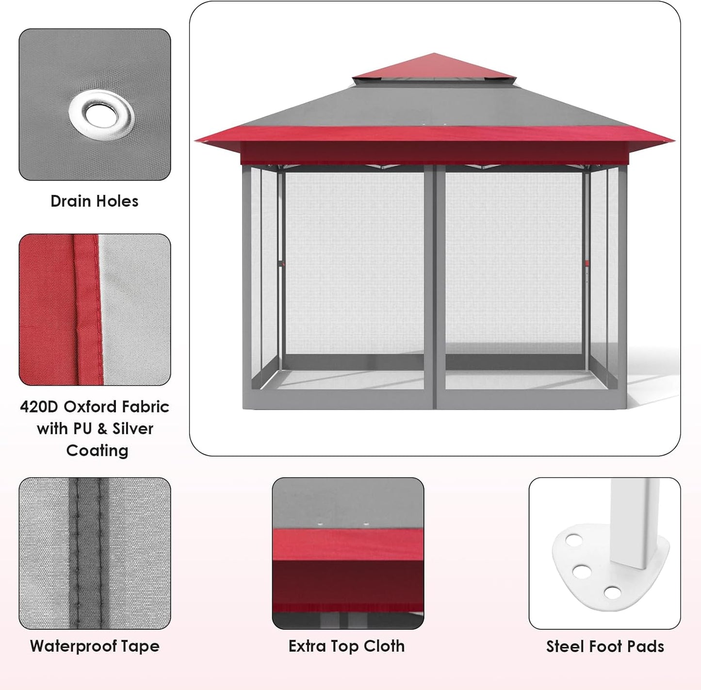 LAZY BUDDY 13ft Pop Up Gazebo, Outdoor Instant Canopy Tent w/4 Netting Sidewall & Auto Extending Eave, Patio Gazebos Shelter w/Mesh Wall, Center Lock, Wheeled Bag for Garden, Yard