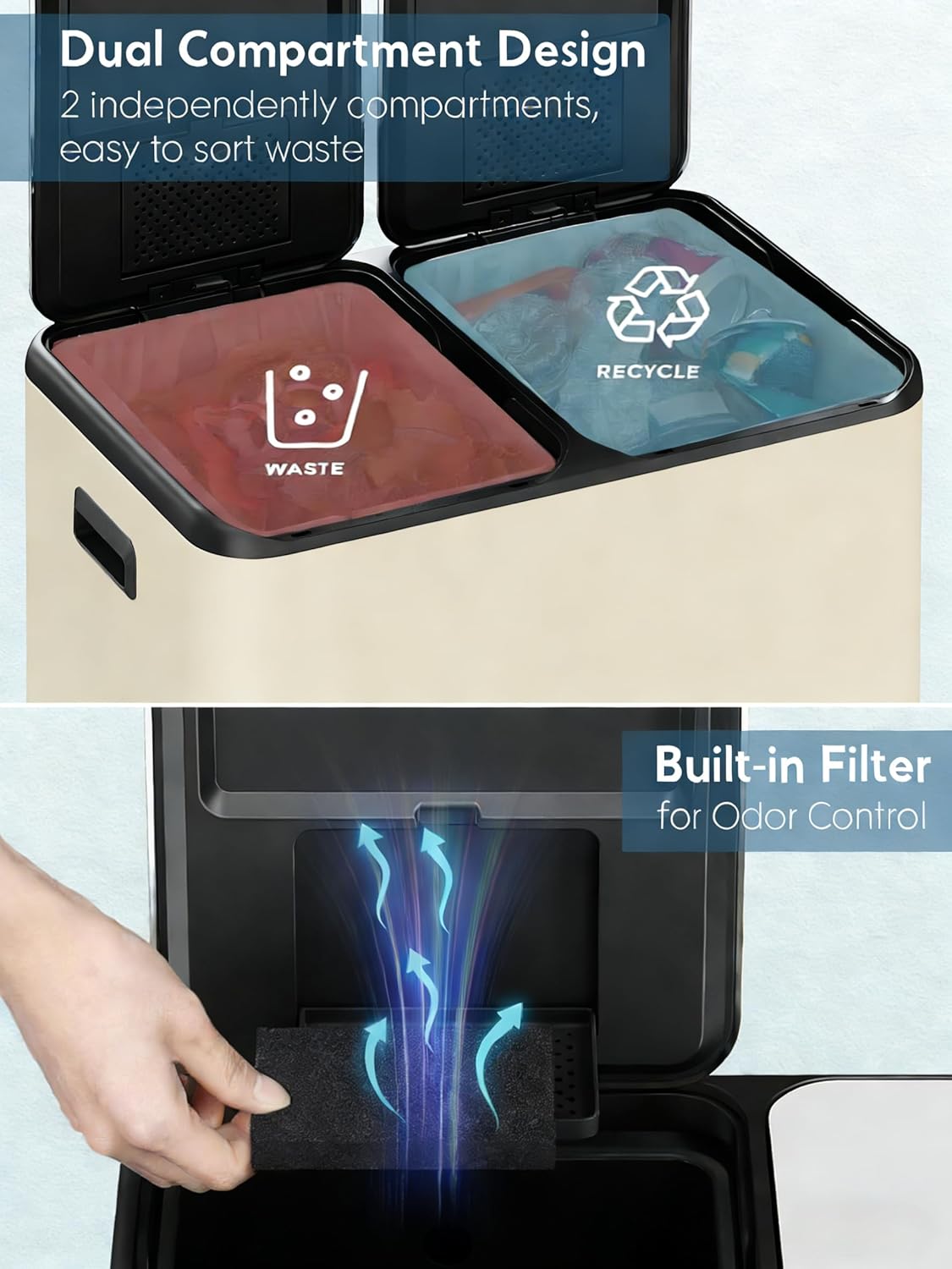 LAZY BUDDY 16 Gal Dual Kitchen Trash Can 2 x 30L Rectangular Stainless Steel Garbage Bin Recycle Waste Dustbin W/ 2 Built-in Odor Control Box