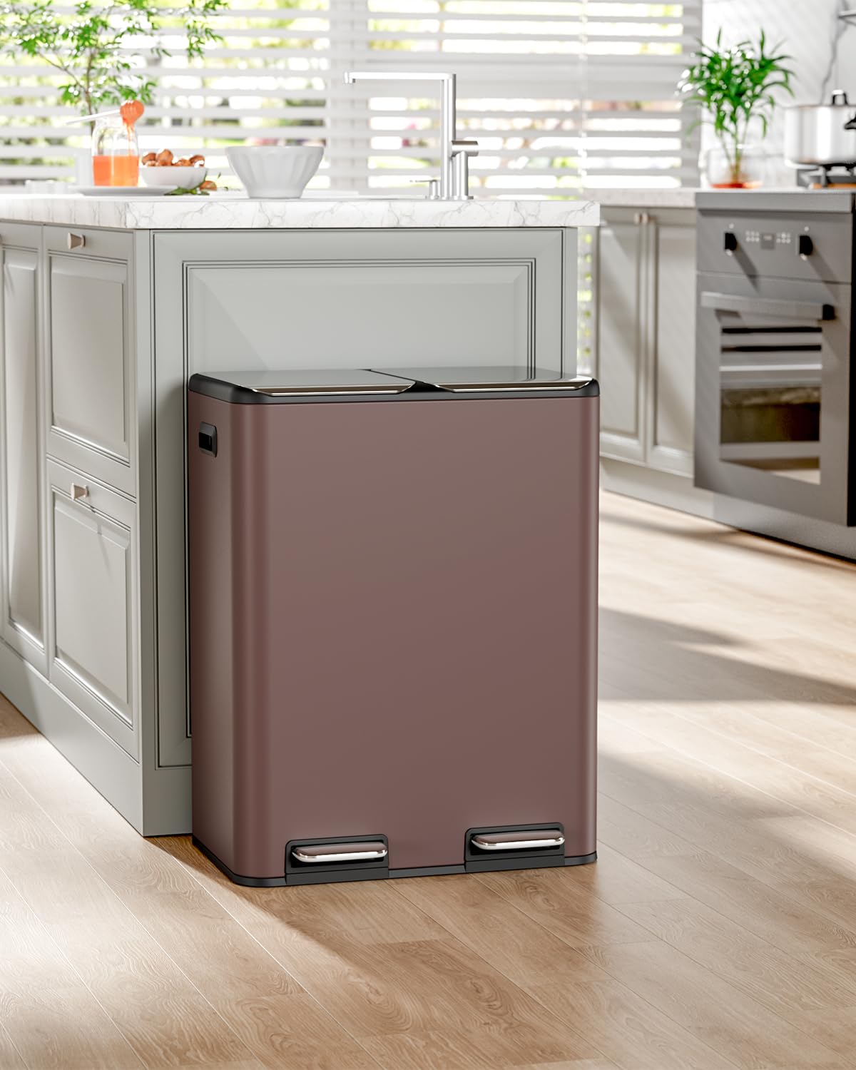 LAZY BUDDY 16 Gal Dual Kitchen Trash Can 2 x 30L Rectangular Stainless Steel Garbage Bin Recycle Waste Dustbin W/ 2 Built-in Odor Control Box