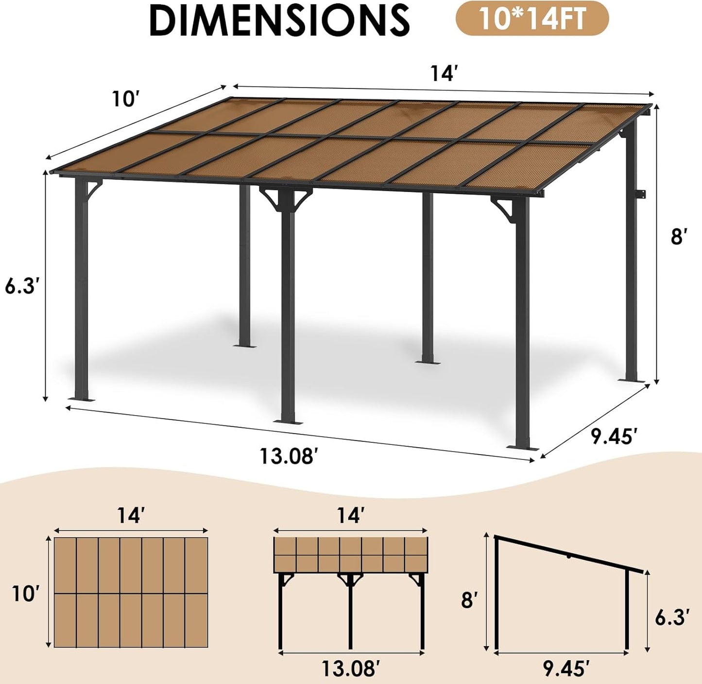 LAZY BUDDY 10'x 14'Gazebo, Aluminum Pergola, Outdoor Lean to Hard Top with Sloped Roof, Large Wall-Mounted Heavy Duty Awnings for Patio, Garden, Decks, Backyard