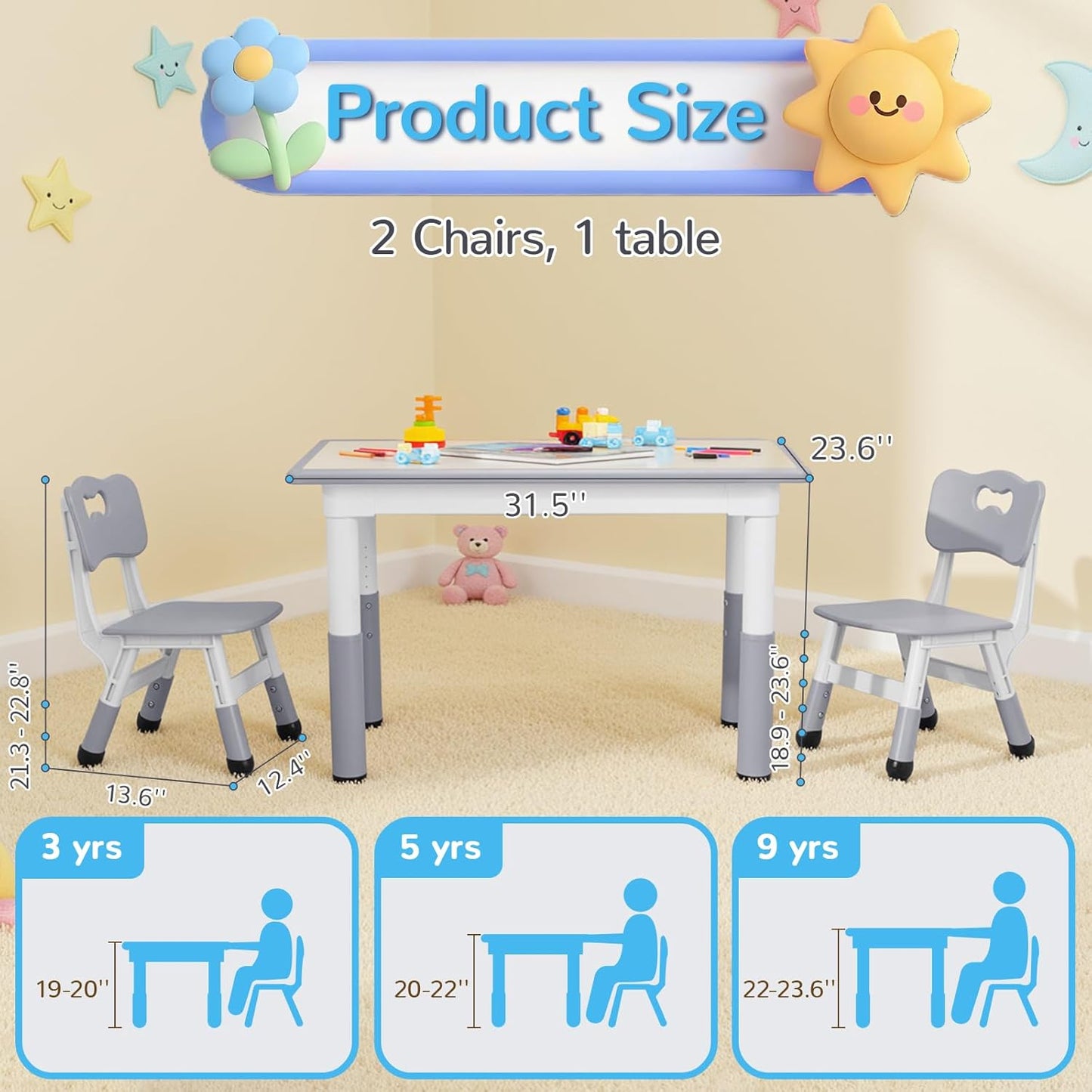 LAZY BUDDY Kids Table and 2 Chairs Set, Height Adjustable Toddler Play Activity Table Set for Children 3-8 Years