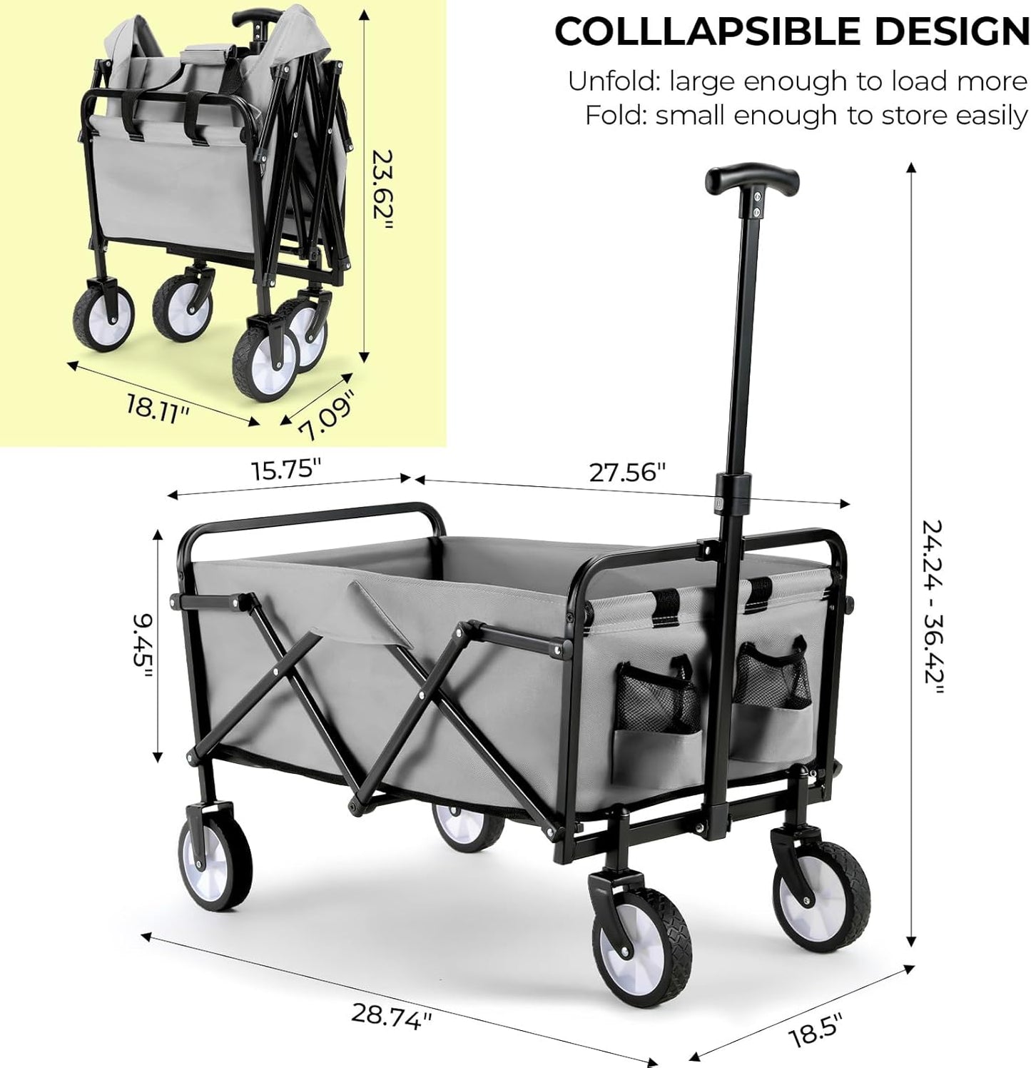 LAZY BUDDY Collapsible Folding Wagon 150 lbs Max Load, Heavy-Duty Portable Utility Shopping Cart, Lightweight Foldable Grocery Stroller, with 360° Wheels, Carry Bag, for Camping, Beach, Garden, Sports