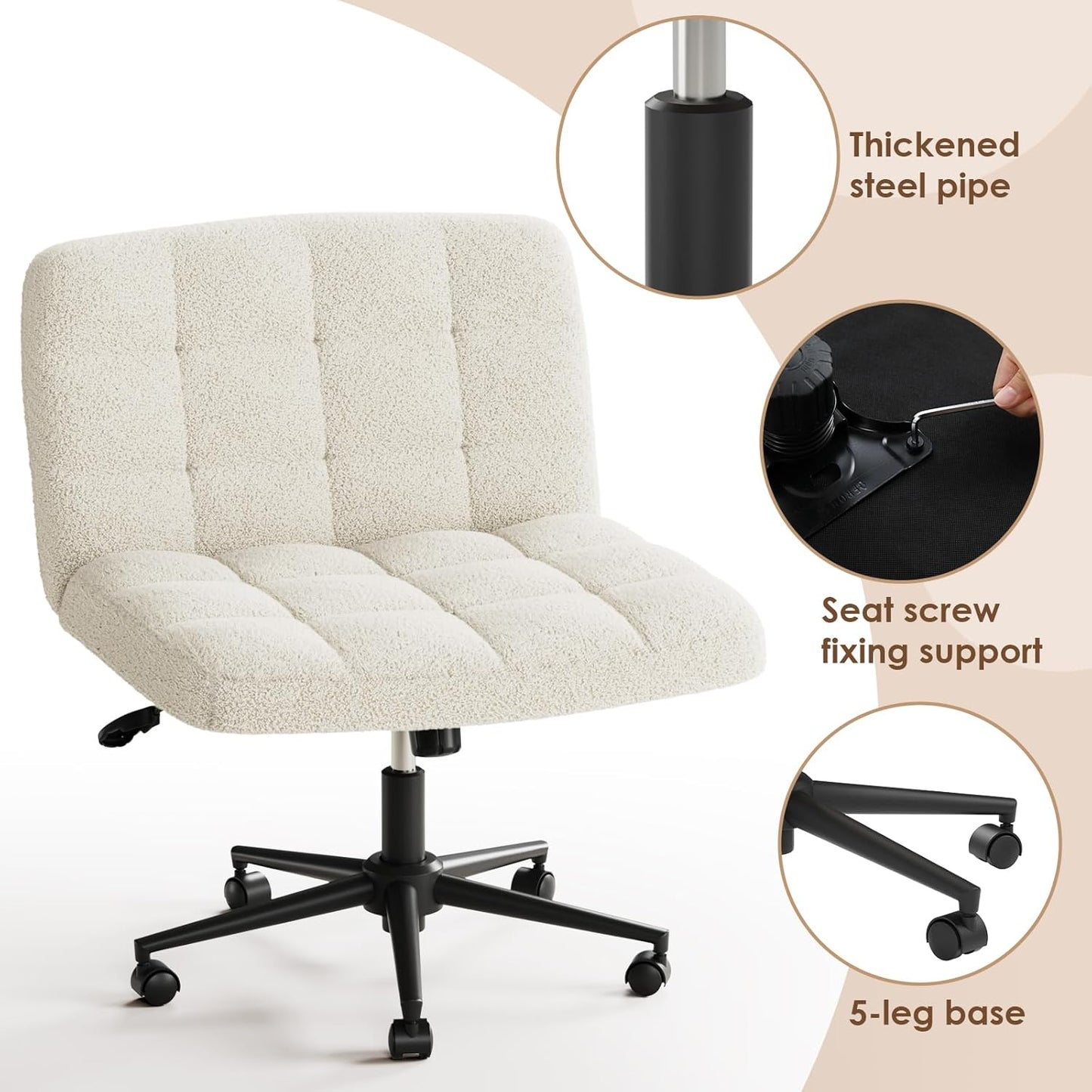 LAZY BUDDY Office Chair, Armless Criss Cross Legged Chair with Wheels, Comfy Home Vanity Task Computer Chair, Adjustable Height