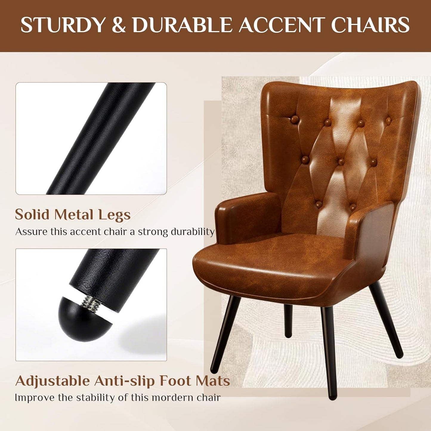LAZY BUDDY PU Leather Accent Chair, Comfy Wingback Armchair, Upholstered Reading Chair with High Backrest for Living Room, Bedroom, Office