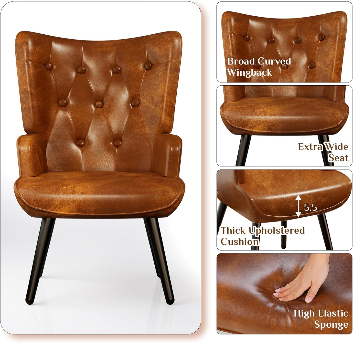 LAZY BUDDY Accent Chairs Set of 2, PU Leather Armchair Upholstered Wingback Chair for Living Room, Bedroom, Waiting Room