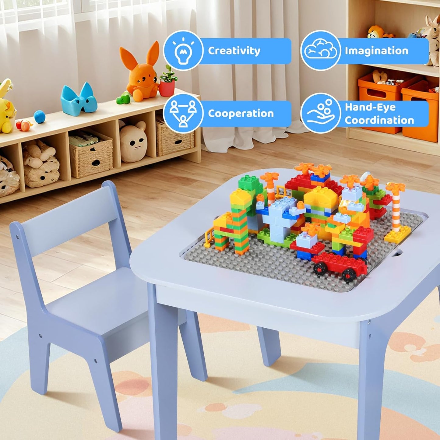 LAZY BUDDY Wooden Kids Table and 2 Chairs Set with Storage, Toddler Activity Table with 2 Removable Double-Sided Tabletops for Drawing, Arts Crafts Playing