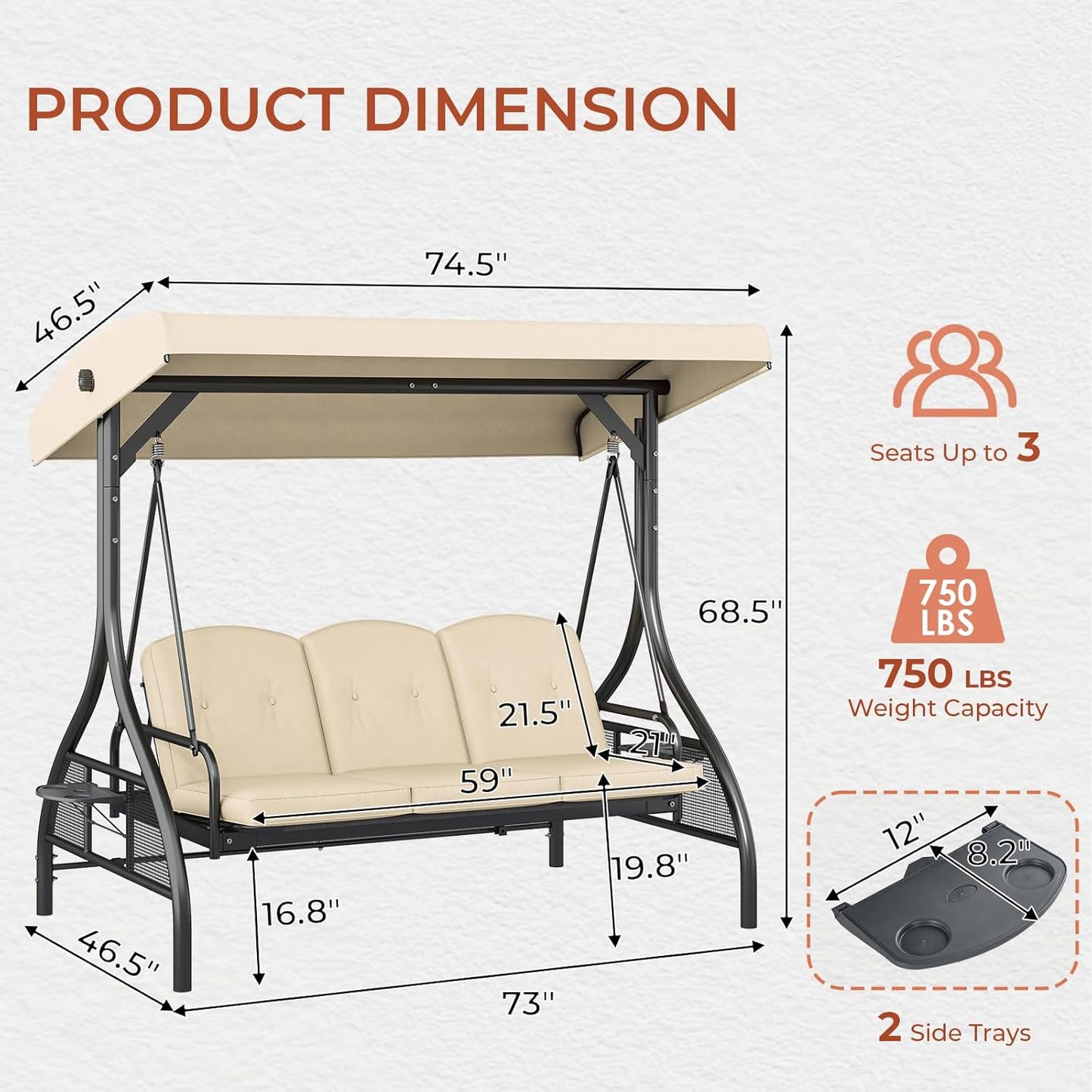 LAZY BUDDY Outdoor Porch Swing with Canopy and Stand, 3 Person Patio Swing for Adults, Convertible 2 in 1 Porch Swing Bed with Cup Holder, 750lbs