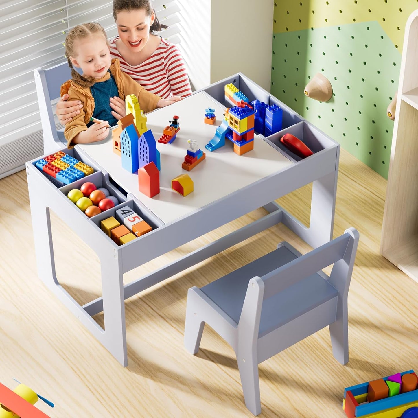 LAZY BUDDY Kids Table & Chair Set, 3 in 1 Children Wood Activity Table W/ Storage Detachable Tabletop for Children Drawing Reading Art Craft, Playroom, Nursery, Toddler Table and Chair Set