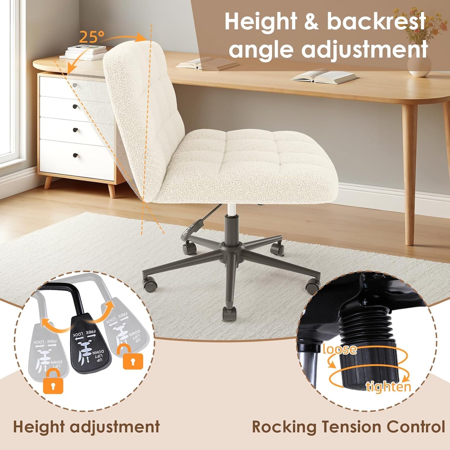 LAZY BUDDY Office Chair, Armless Criss Cross Legged Chair with Wheels, Comfy Home Vanity Task Computer Chair, Adjustable Height