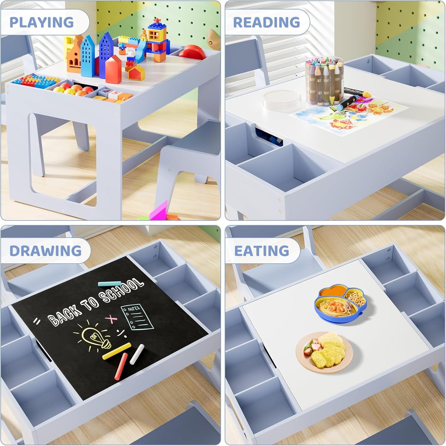 LAZY BUDDY Kids Table & Chair Set, 3 in 1 Children Wood Activity Table W/ Storage Detachable Tabletop for Children Drawing Reading Art Craft, Playroom, Nursery, Toddler Table and Chair Set