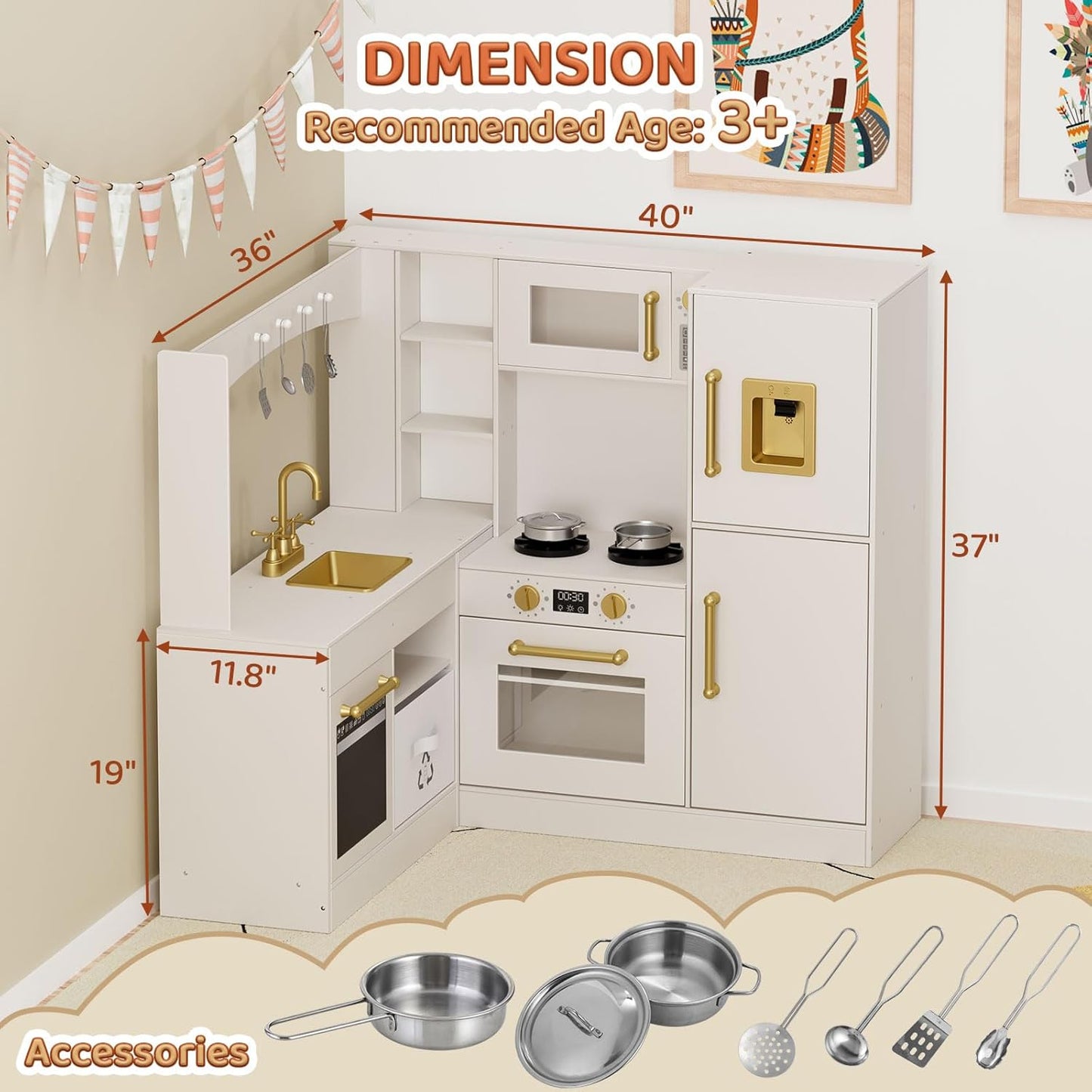 LAZY BUDDY Corner Wooden Play Kitchen w/ Lights & Sounds, Large Toodler Cooking Playset, Pretend Play Kitchen Toy Gift for Ages 3+