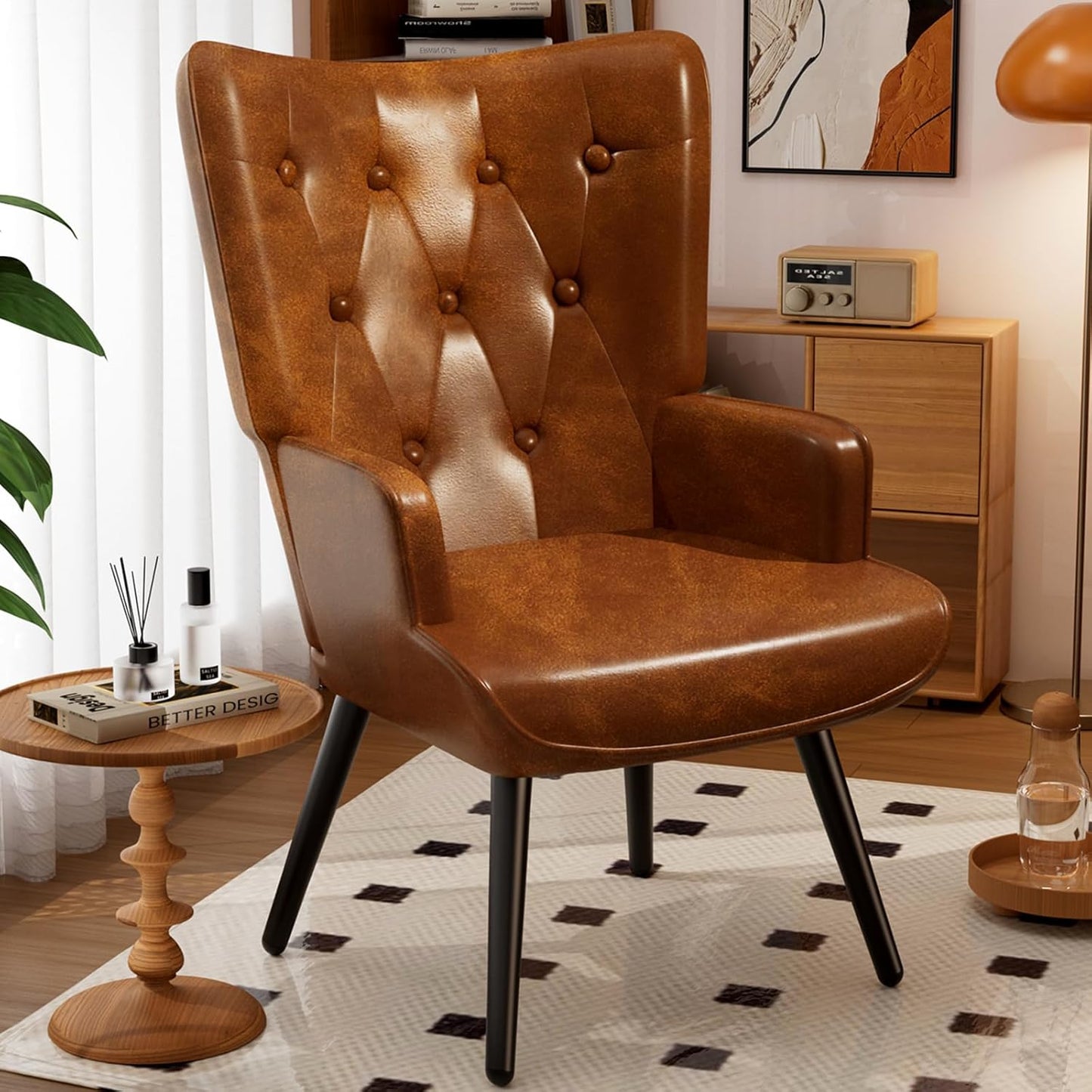 LAZY BUDDY PU Leather Accent Chair, Comfy Wingback Armchair, Upholstered Reading Chair with High Backrest for Living Room, Bedroom, Office