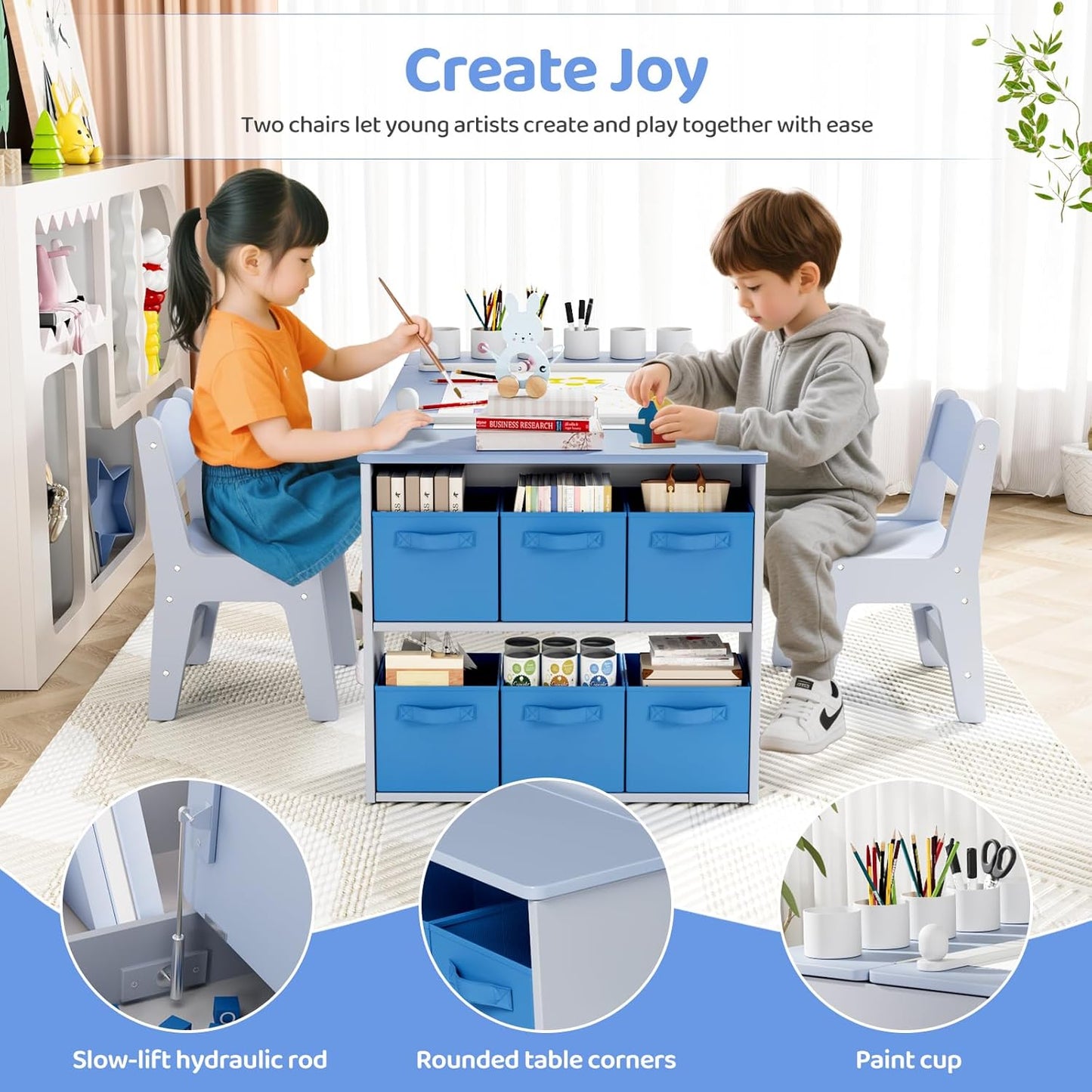 LAZY BUDDY Kids Art Table and Chairs Set, 2-in-1 Easel & Kids Craft Table and Chairs with Storage Bins, Paint Cups and Paper Roll