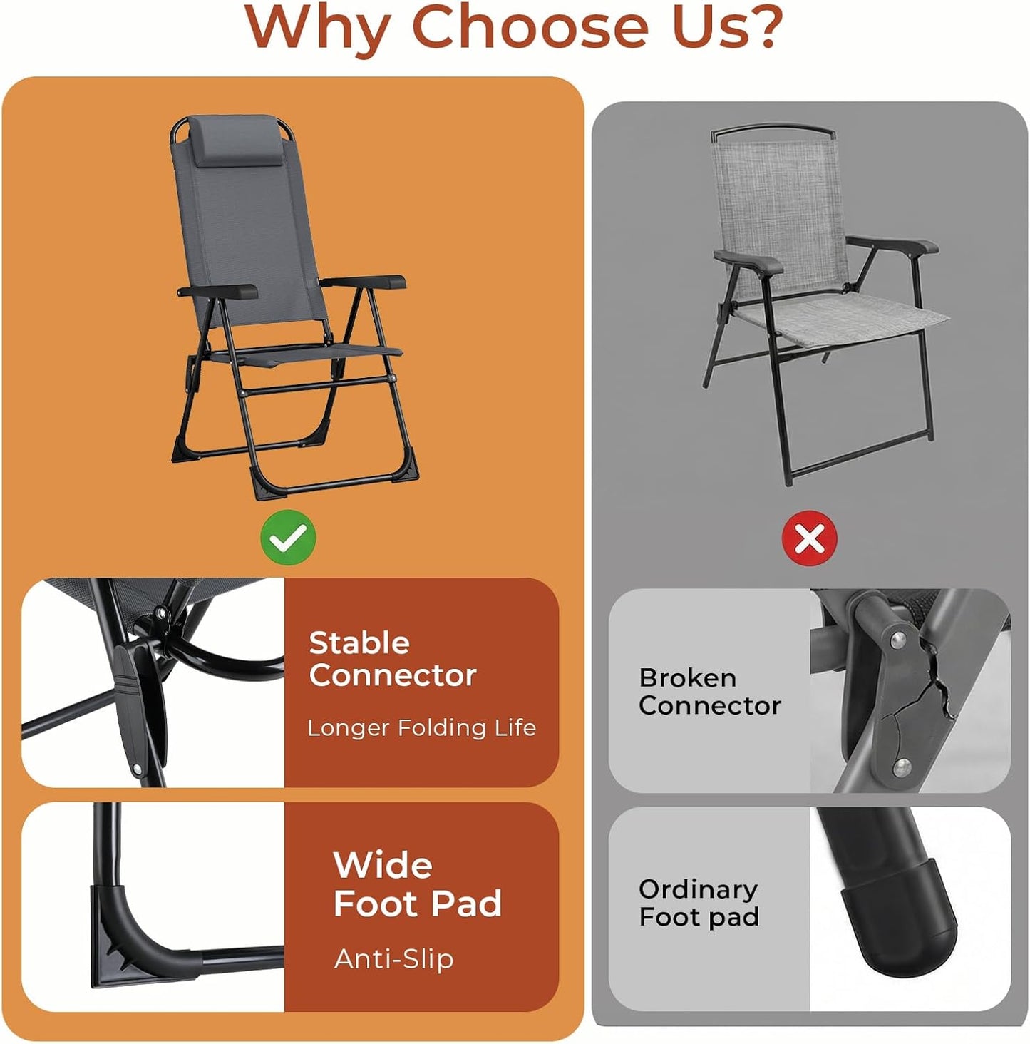 LAZY BUDDY Folding Patio Dining Chairs Set of 2/4 with Armrests, 5-Postion Adjustable Outdoor Chair with Removable Headrest for Deck, Lawn, Garden, Backyard
