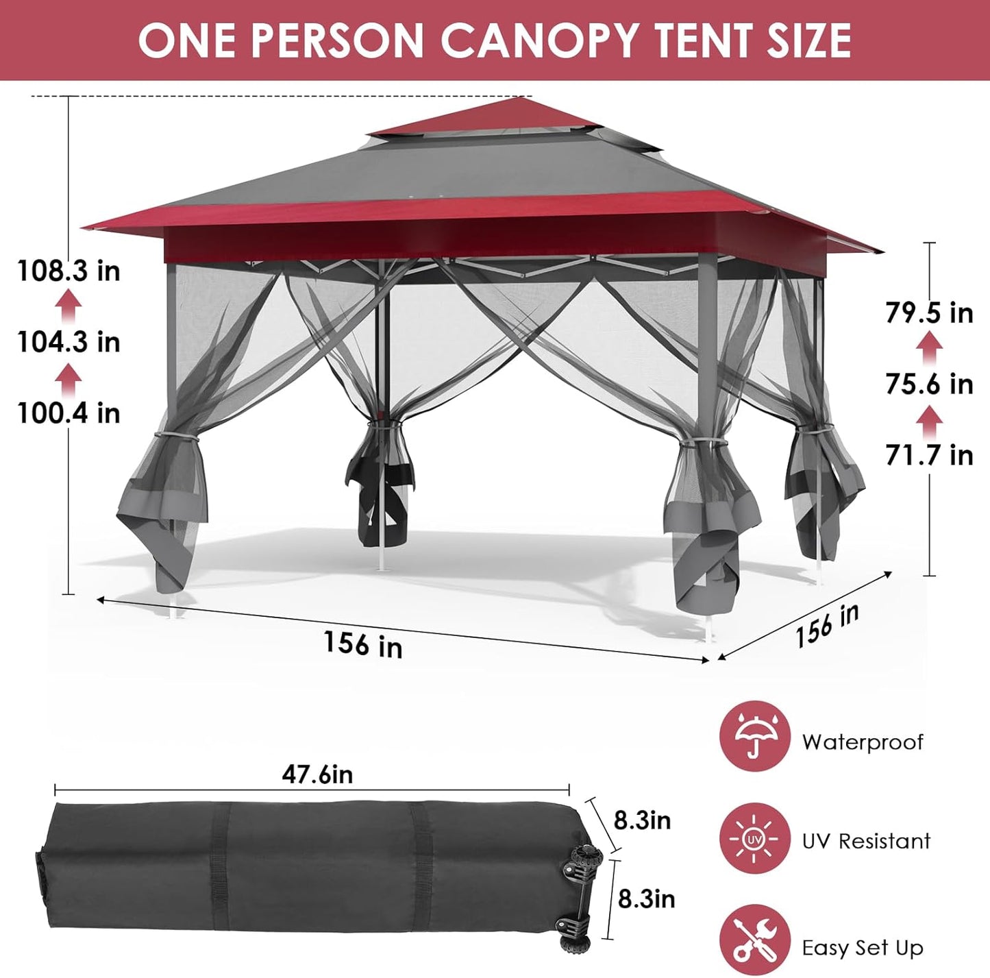 LAZY BUDDY 13ft Pop Up Gazebo, Outdoor Instant Canopy Tent w/4 Netting Sidewall & Auto Extending Eave, Patio Gazebos Shelter w/Mesh Wall, Center Lock, Wheeled Bag for Garden, Yard
