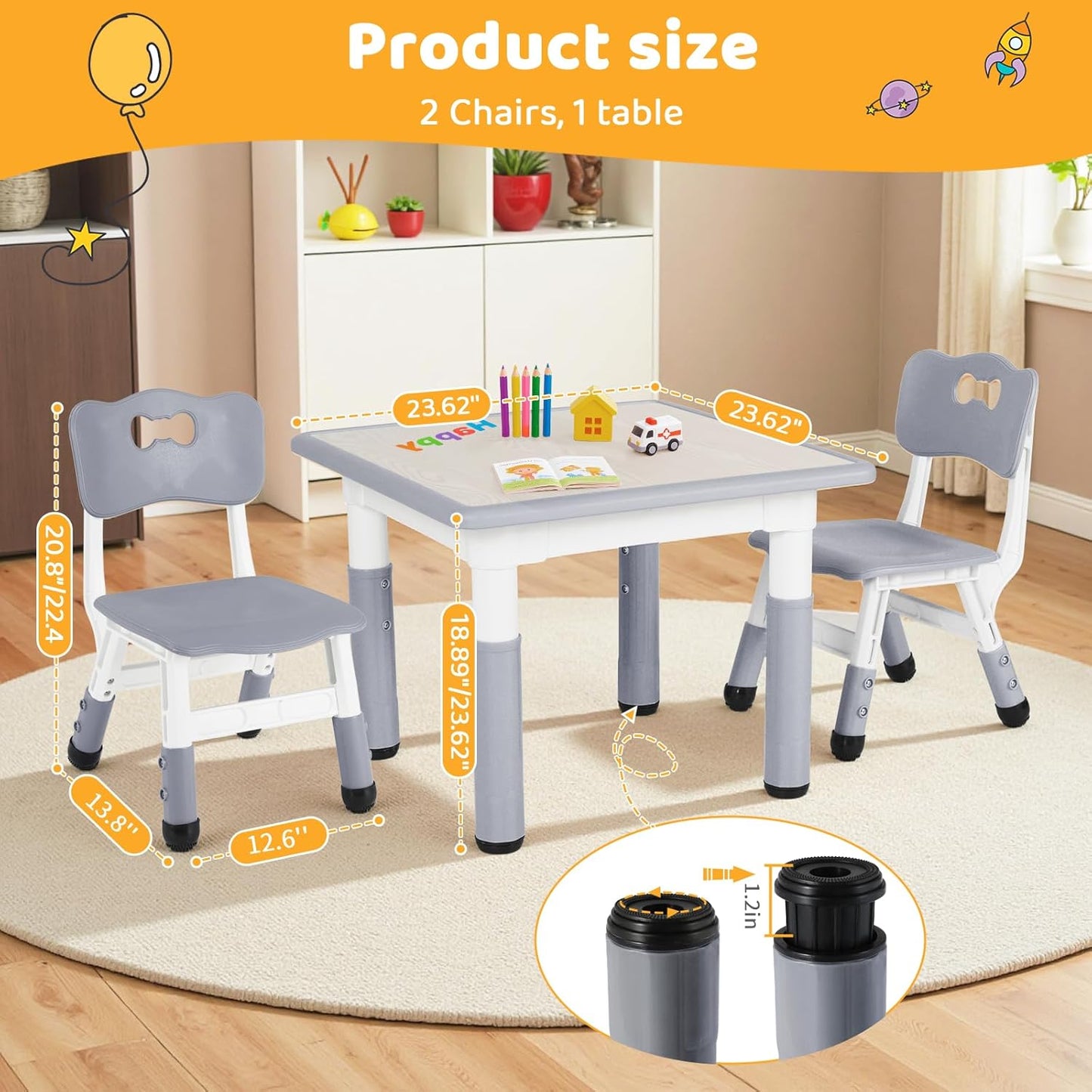 LAZY BUDDY Kids Table and 2 Chairs Set, Height Adjustable Toddler Play Activity Table with Graffiti Desktop for Playroom, Daycare