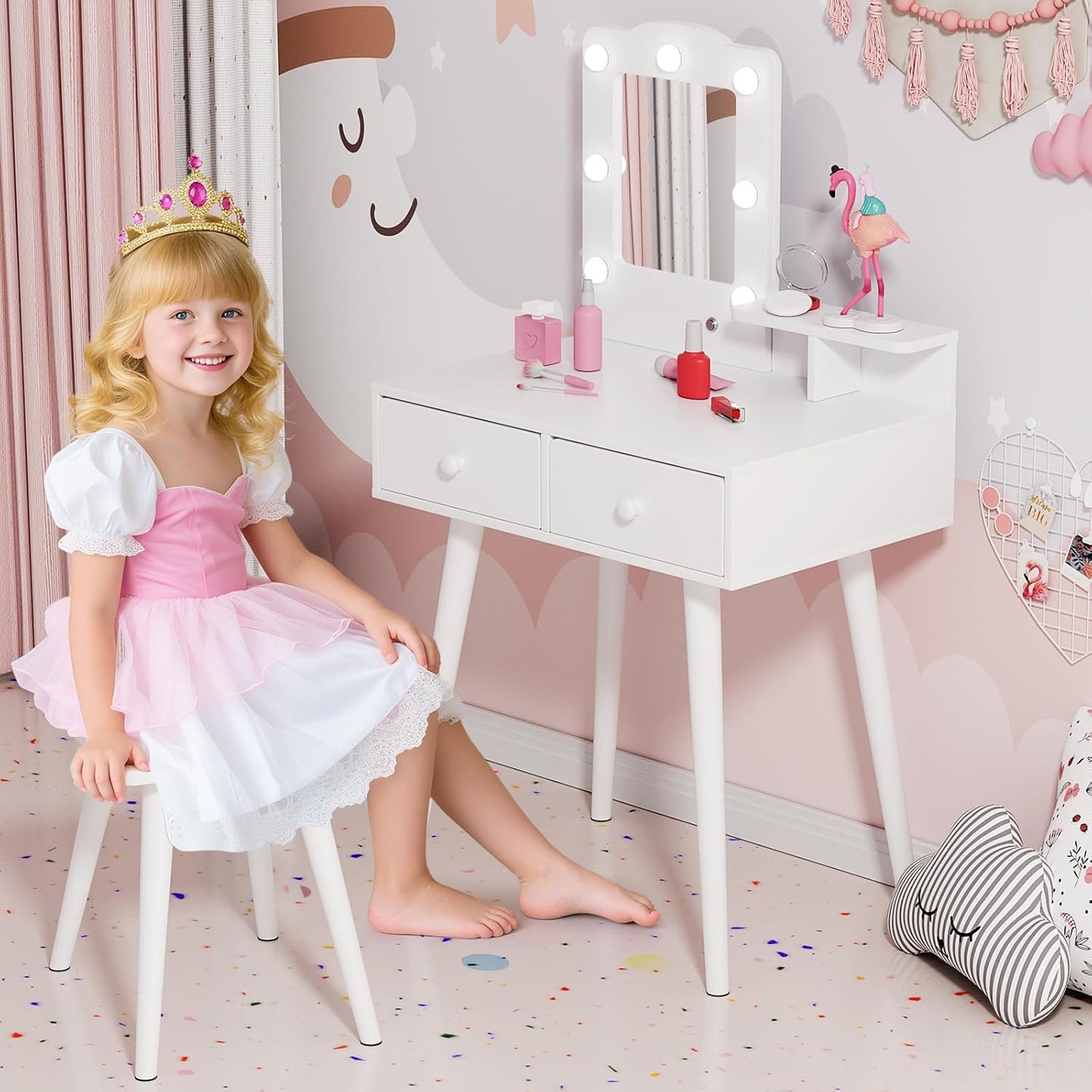 LAZY BUDDY Kids Vanity Set with Lights, Toddler Vanity Table with Mirror and Stool, Wooden Makeup Dressing Table for Children 3+