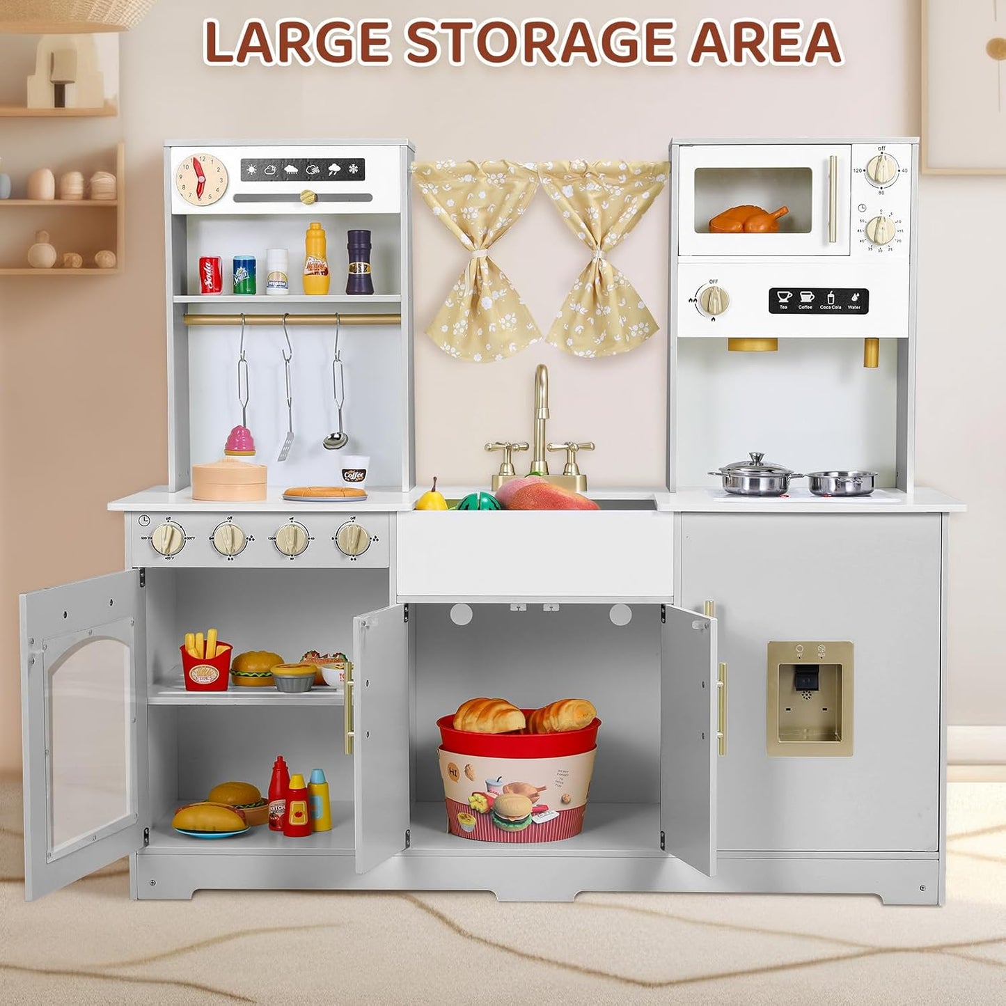 LAZY BUDDY Toddler Play Kitchen, Wooden Kids Kitchen Playset w/Stove, Sink, Microwave, Water Dispenser, Curtain, Gift for Ages 3+