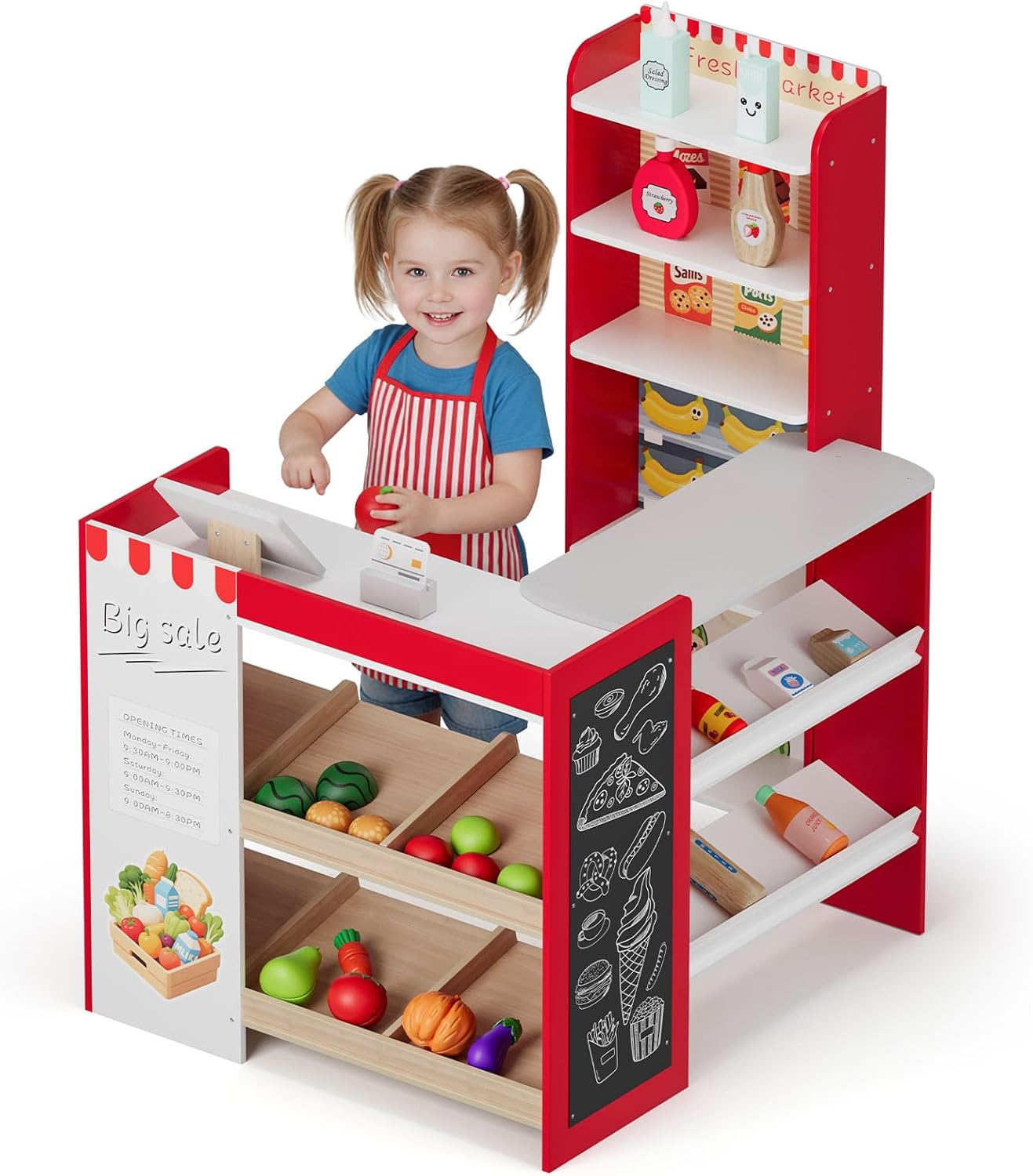 LAZY BUDDY Kids Grocery Store Playset, Wooden Pretend Play Store with 19pcs Accessories, Cash Register, Chalkboard, Interactive Toy for Toddlers 3+