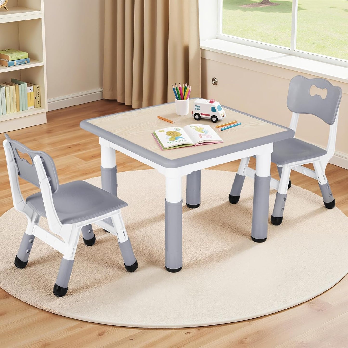 LAZY BUDDY Kids Table and 2 Chairs Set, Height Adjustable Toddler Play Activity Table with Graffiti Desktop for Playroom, Daycare