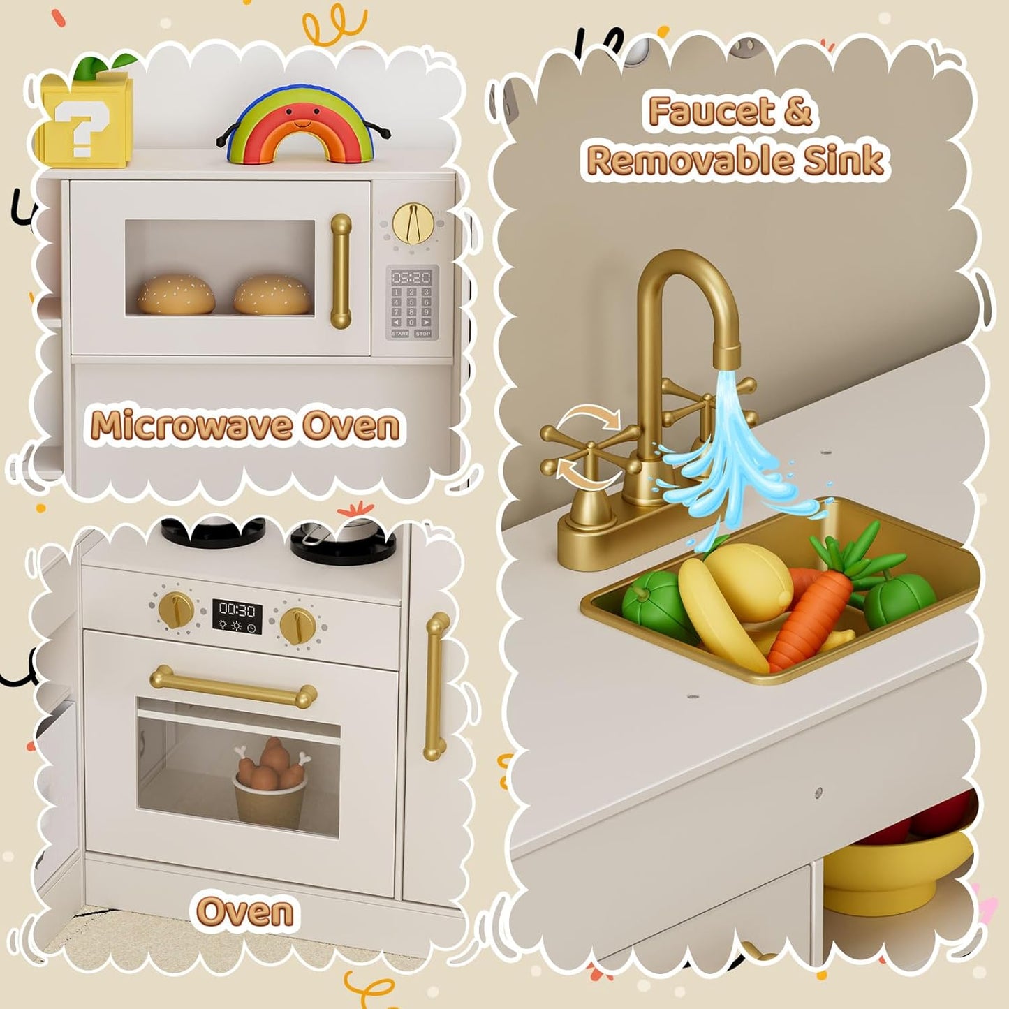 LAZY BUDDY Corner Wooden Play Kitchen w/ Lights & Sounds, Large Toodler Cooking Playset, Pretend Play Kitchen Toy Gift for Ages 3+