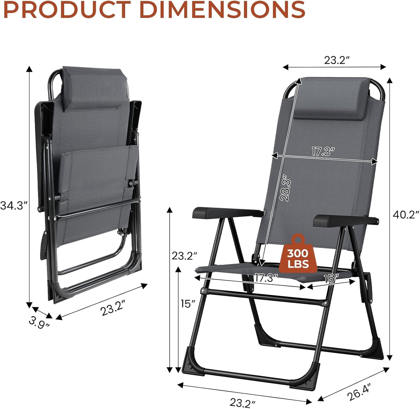 LAZY BUDDY Folding Patio Dining Chairs Set of 2/4 with Armrests, 5-Postion Adjustable Outdoor Chair with Removable Headrest for Deck, Lawn, Garden, Backyard