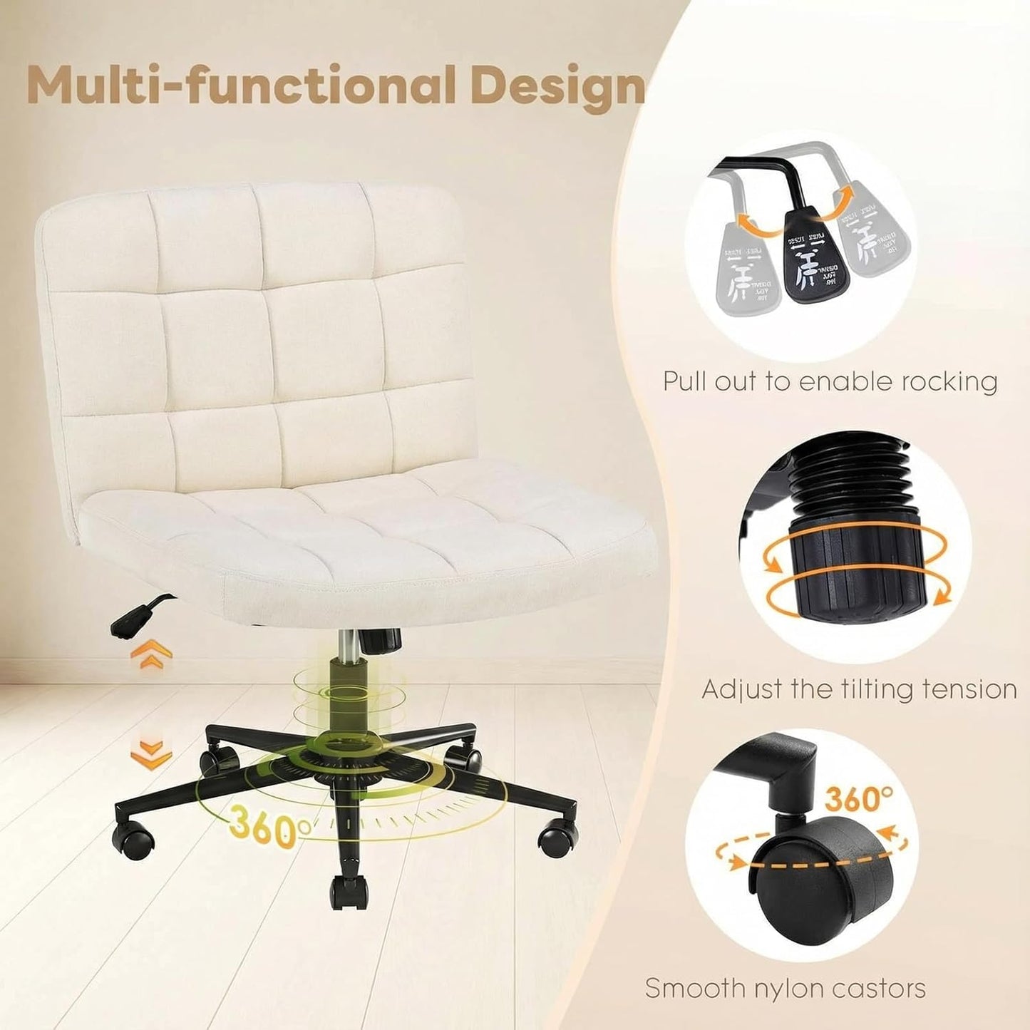LAZY BUDDY Office Chair, Armless Criss Cross Legged Chair with Wheels, Comfy Home Vanity Task Computer Chair, Adjustable Height