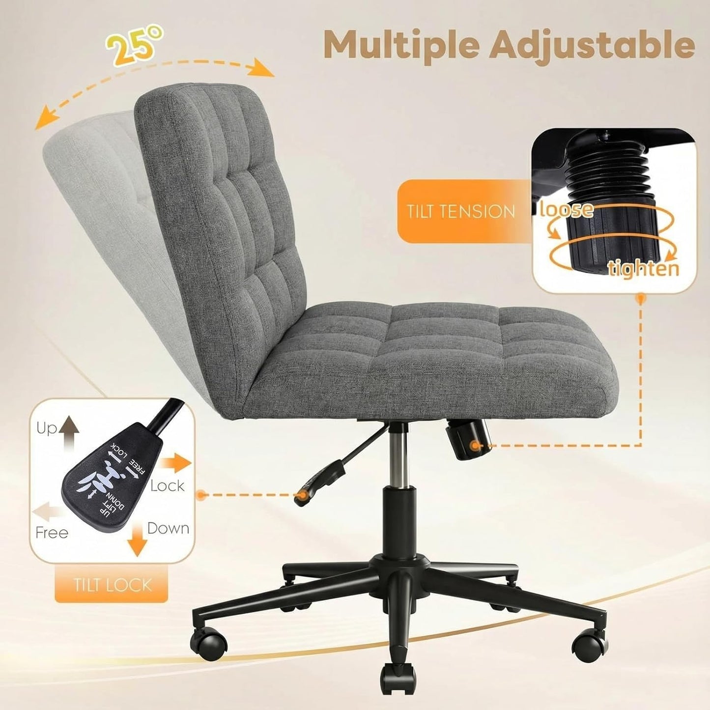 LAZY BUDDY Office Chair, Armless Criss Cross Legged Chair with Wheels, Comfy Home Vanity Task Computer Chair, Adjustable Height