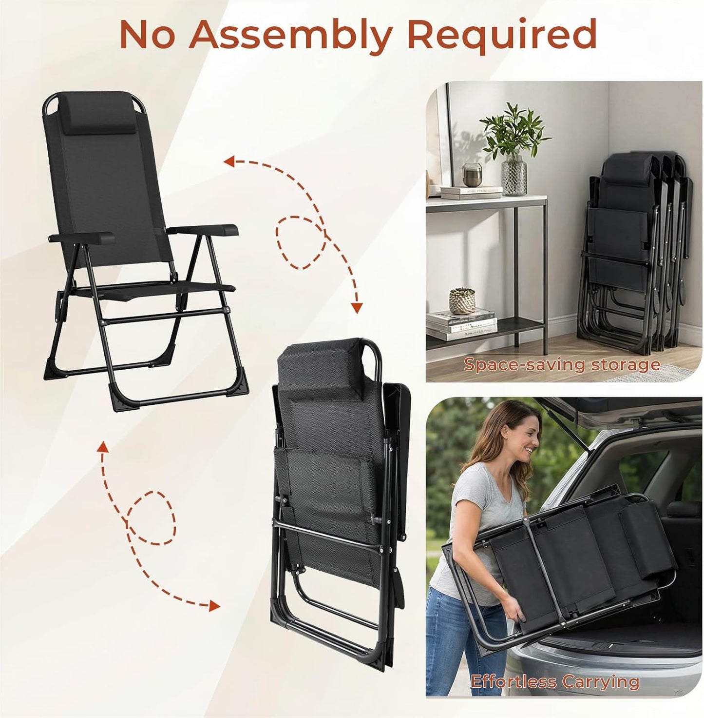 LAZY BUDDY Folding Patio Dining Chairs Set of 2/4 with Armrests, 5-Postion Adjustable Outdoor Chair with Removable Headrest for Deck, Lawn, Garden, Backyard