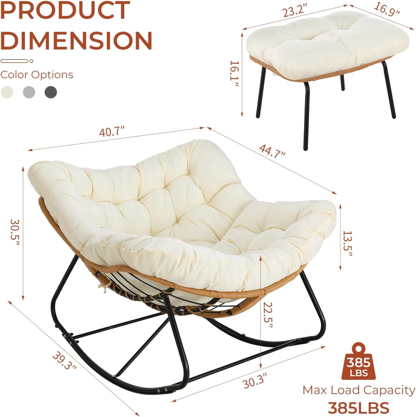 LAZY BUDDY Outdoor Rocking Chair with Ottoman, Oversized Papasan Rocking Chair with Thick Cushion, Indoor Outdoor Cozy Rocker for Balcony, Living Room, Patio